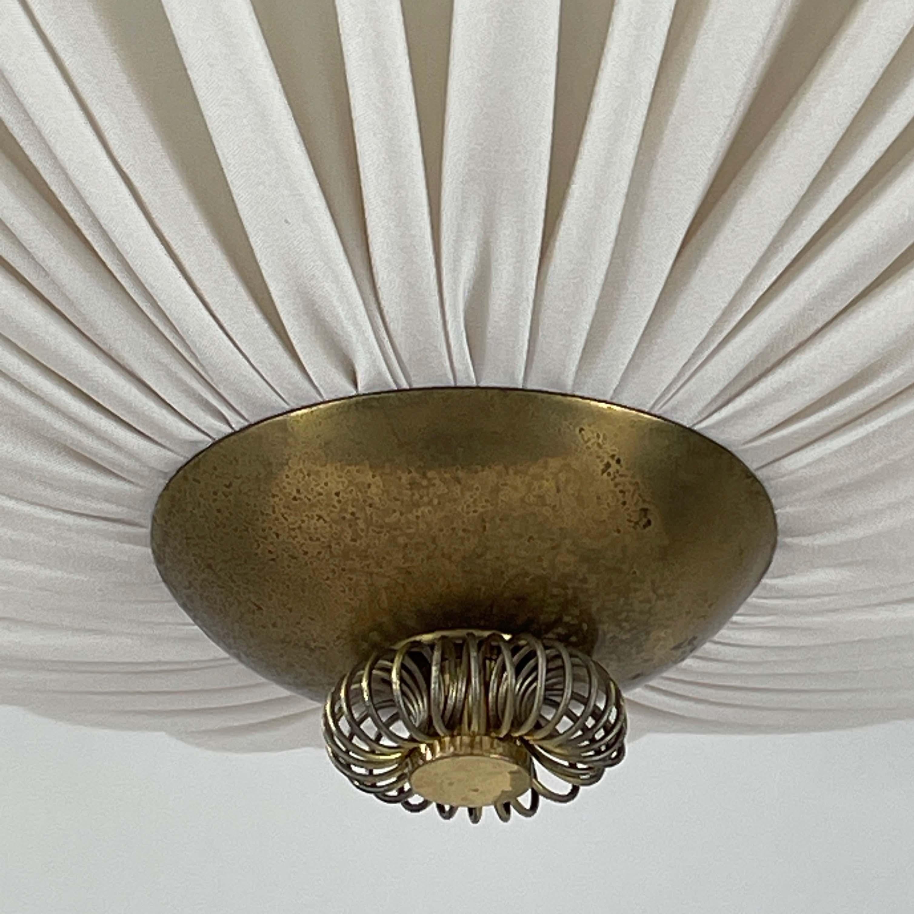 Art Deco Pleated Cream Fabric & Brass Pendant, Finland 1940s 5