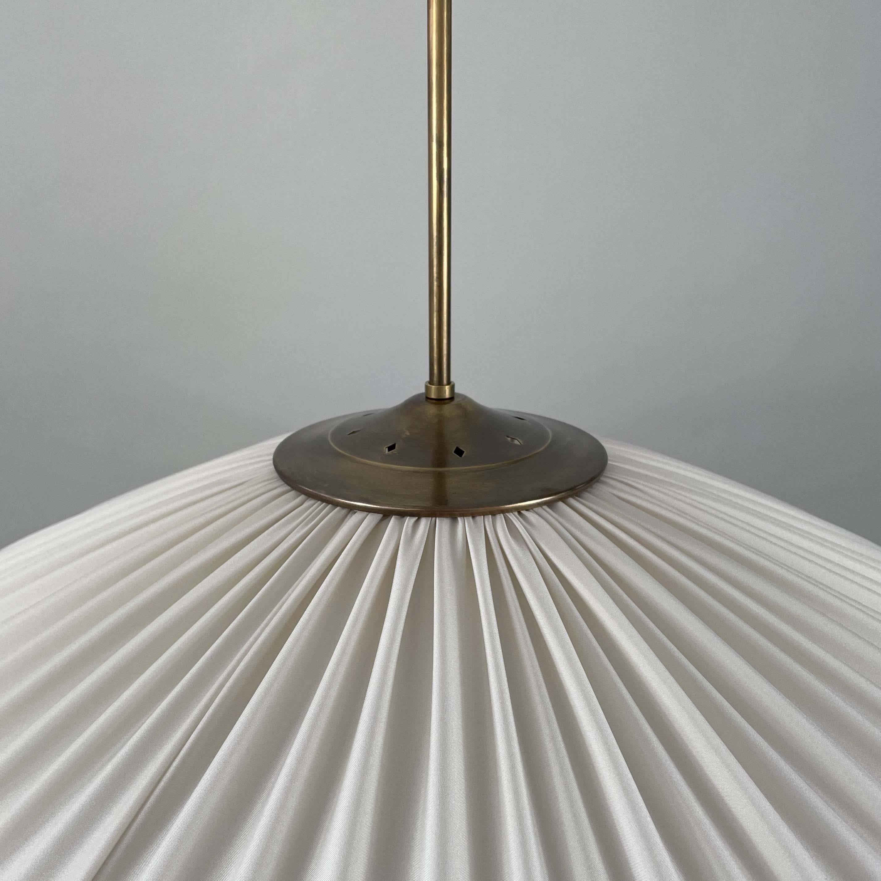 Art Deco Pleated Cream Fabric & Brass Pendant, Finland 1940s 6