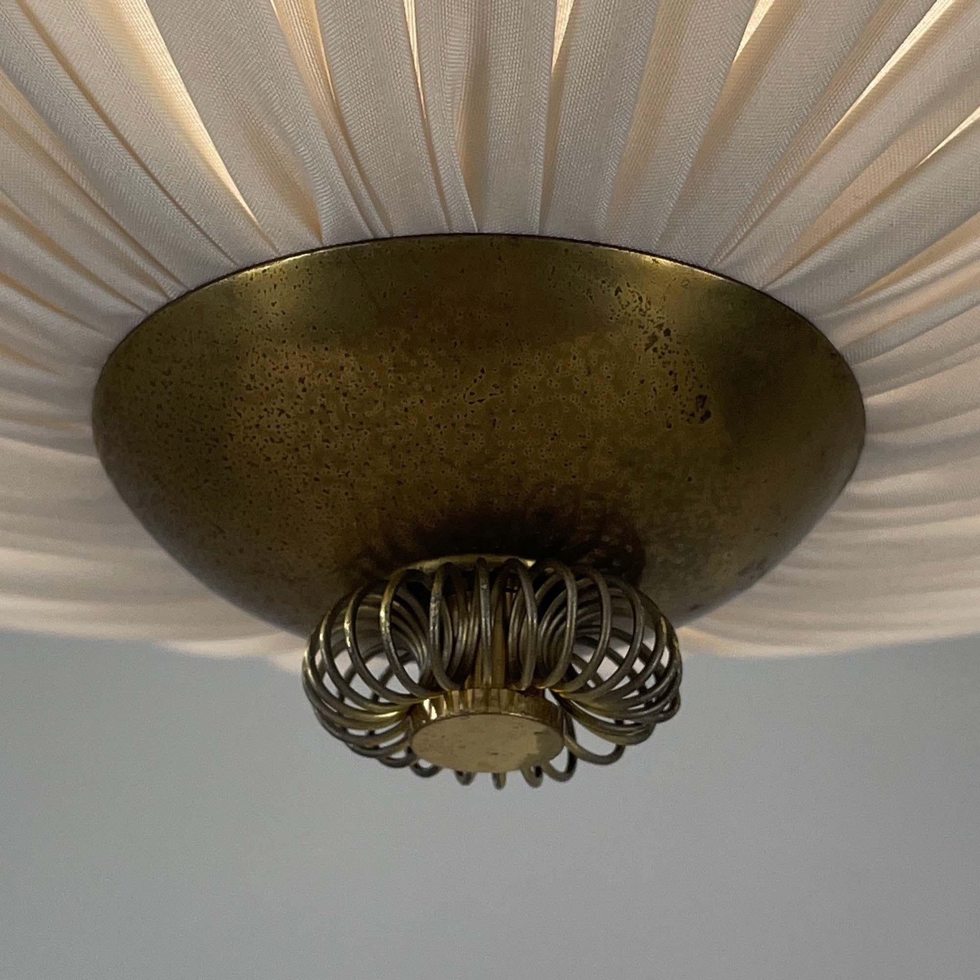 Art Deco Pleated Cream Fabric & Brass Pendant, Finland 1940s 7