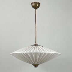 Art Deco Pleated Cream Fabric & Brass Pendant, Finland 1940s