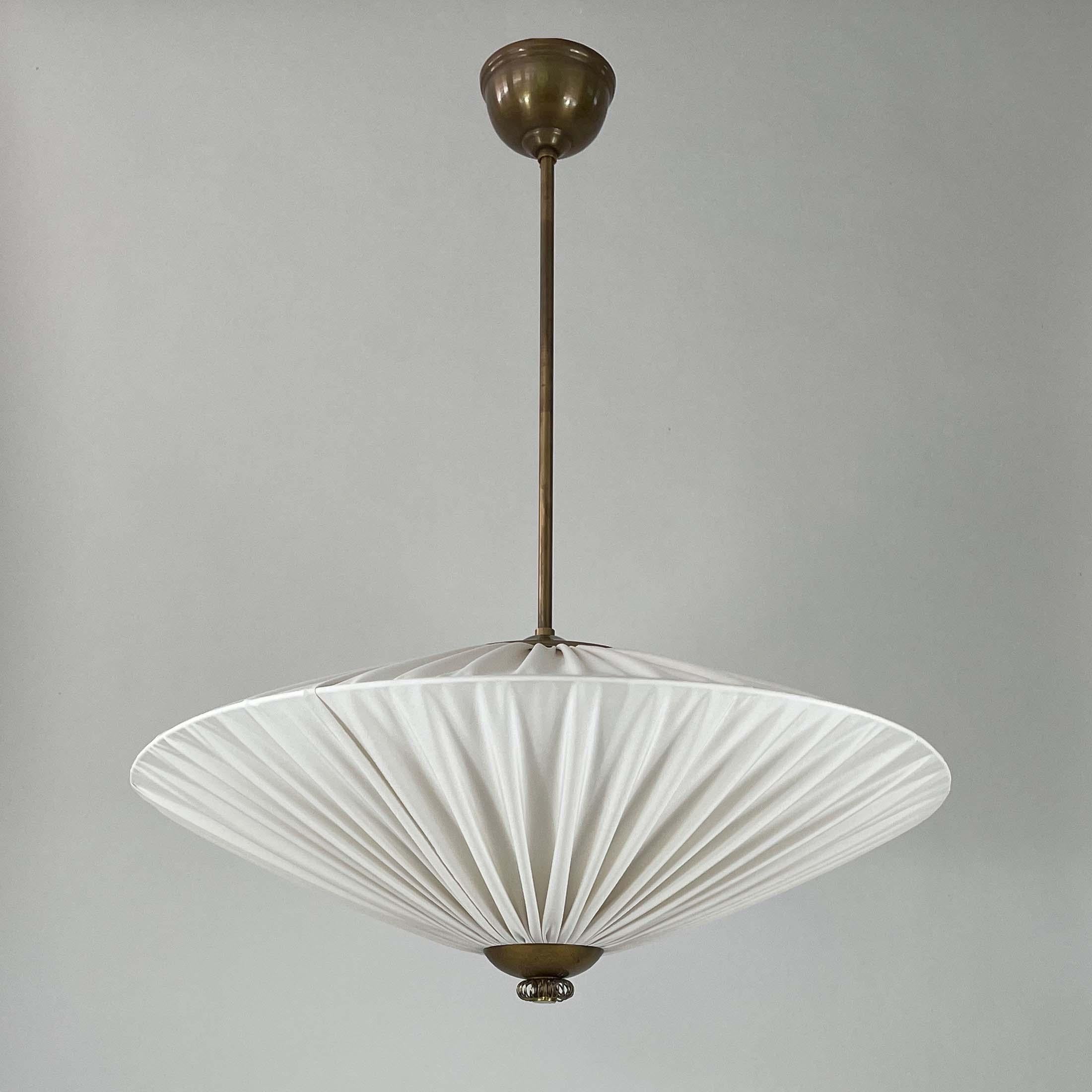 Finnish Art Deco Pleated Cream Fabric & Brass Pendant, Finland 1940s