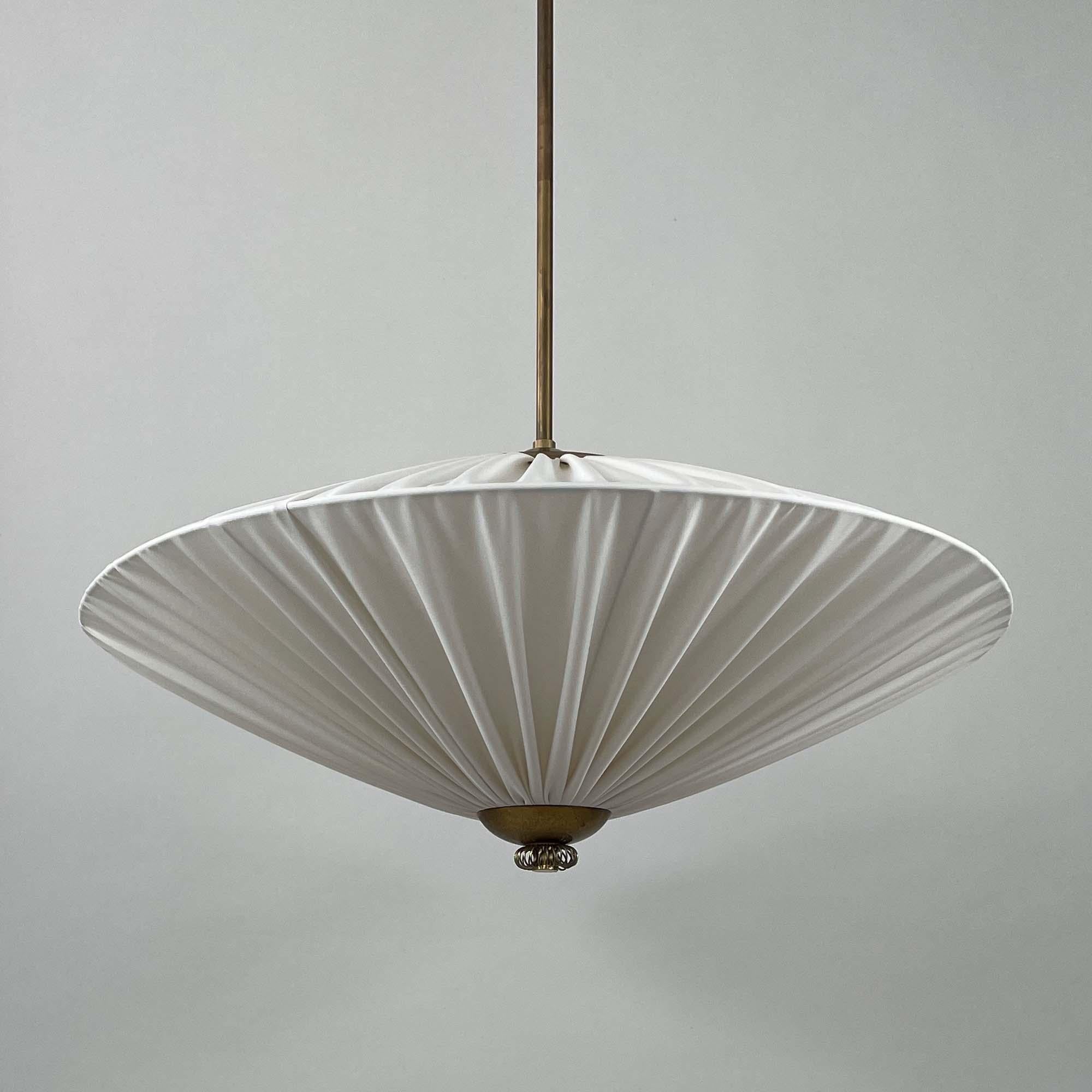 Mid-20th Century Art Deco Pleated Cream Fabric & Brass Pendant, Finland 1940s
