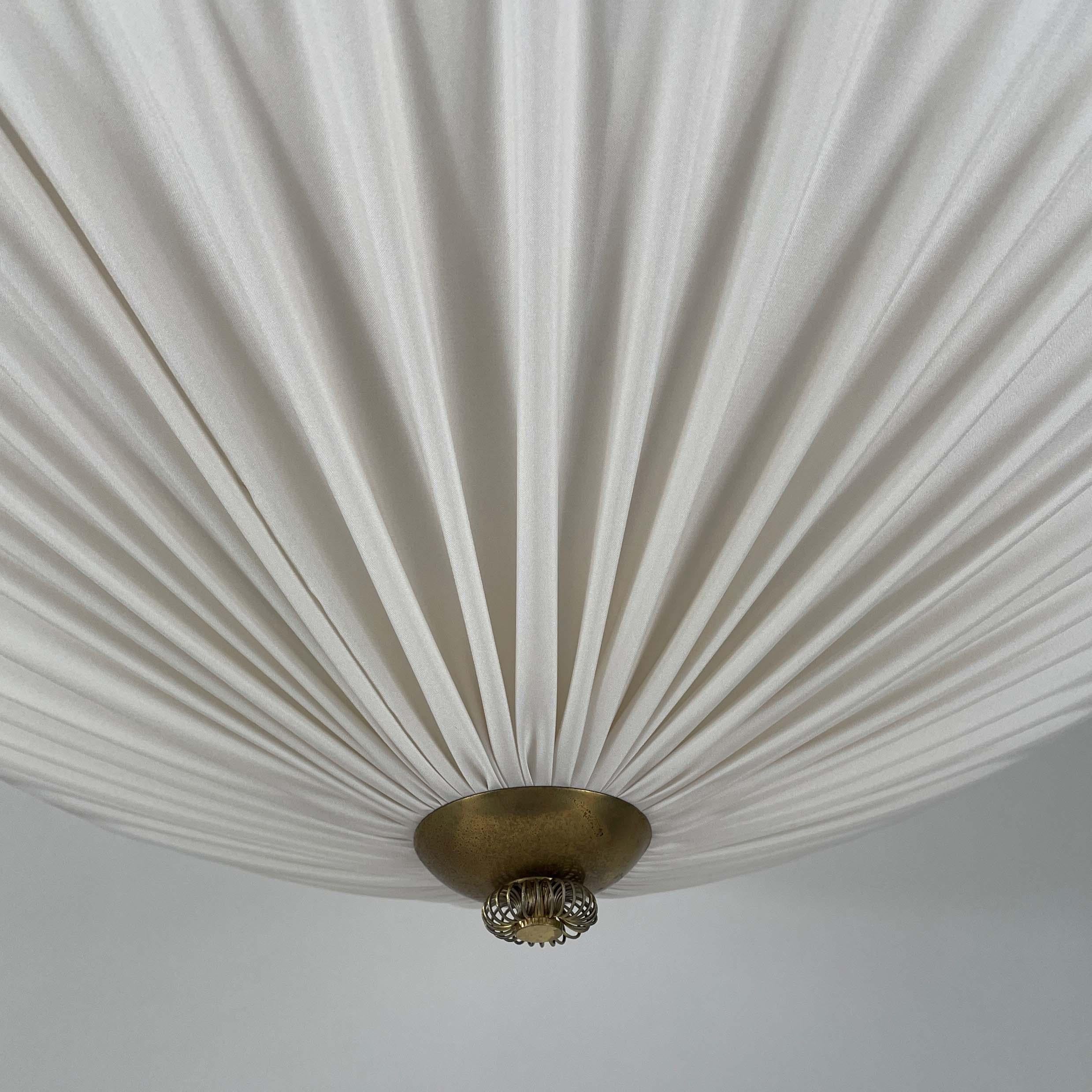 Art Deco Pleated Cream Fabric & Brass Pendant, Finland 1940s 1