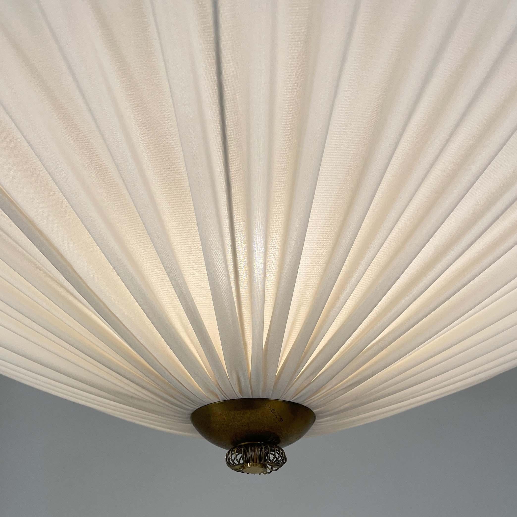 Art Deco Pleated Cream Fabric & Brass Pendant, Finland 1940s 2