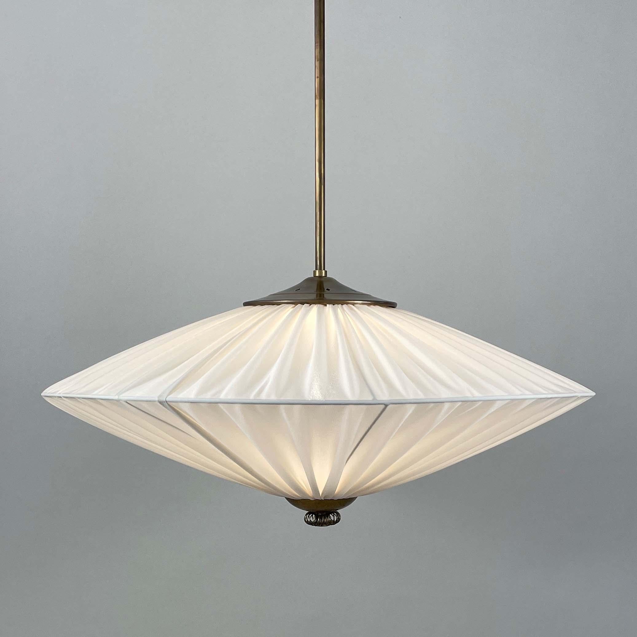 Art Deco Pleated Cream Fabric & Brass Pendant, Finland 1940s 3