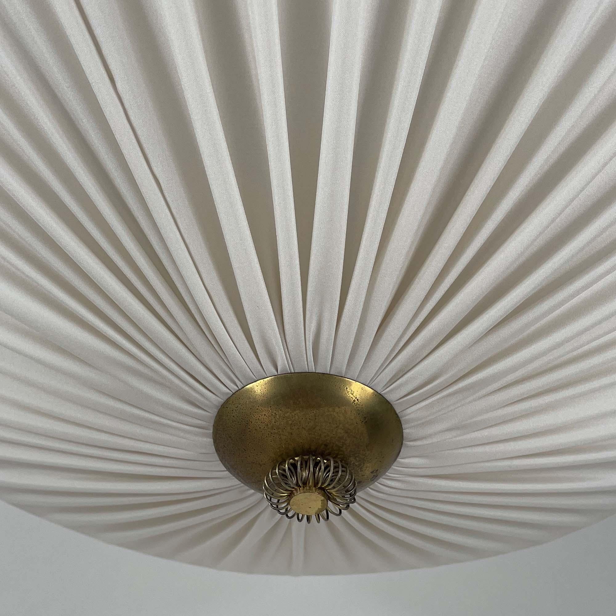 Art Deco Pleated Cream Fabric & Brass Pendant, Finland 1940s 4