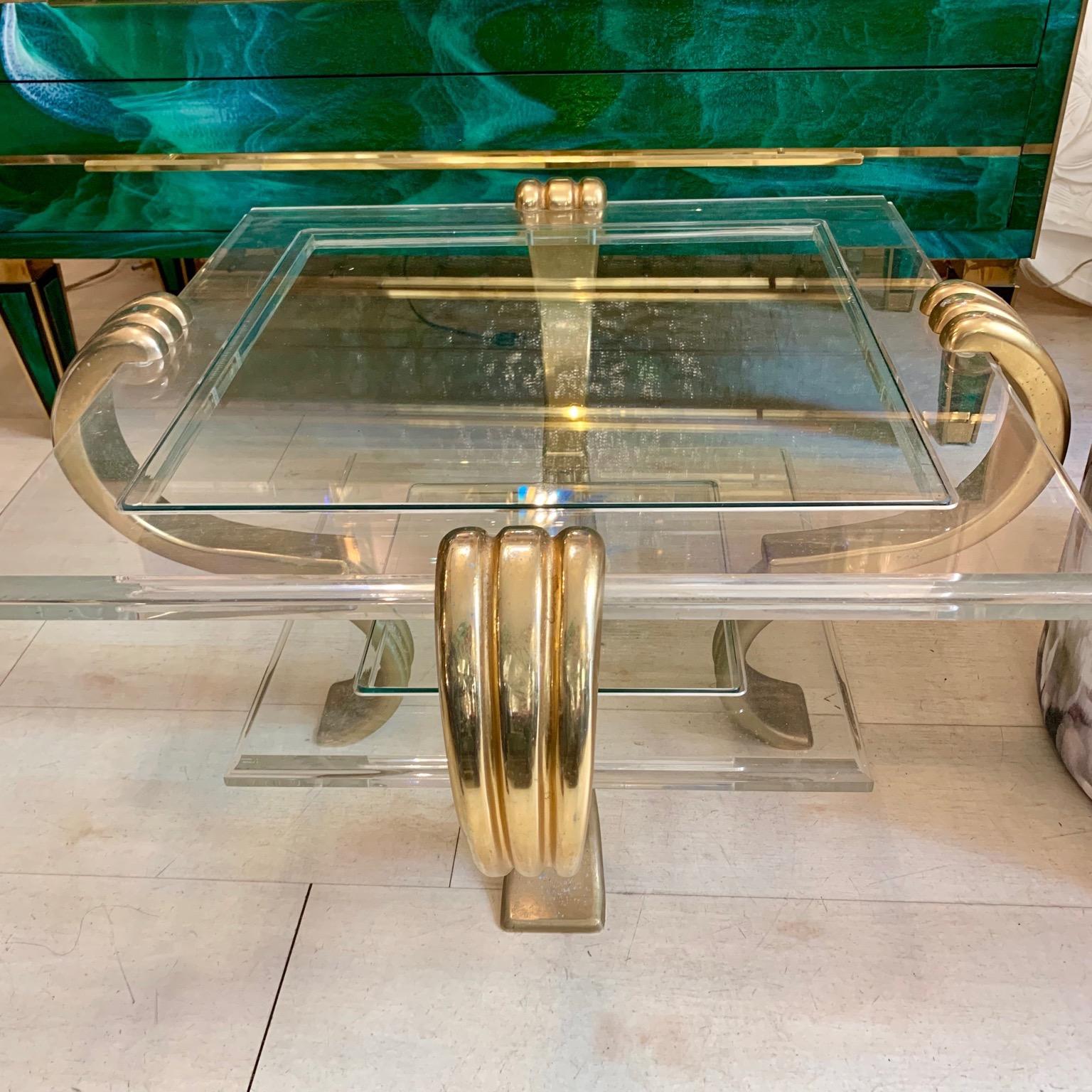 Art Deco Plexiglass and Brass Coffee Table, 1940s 2