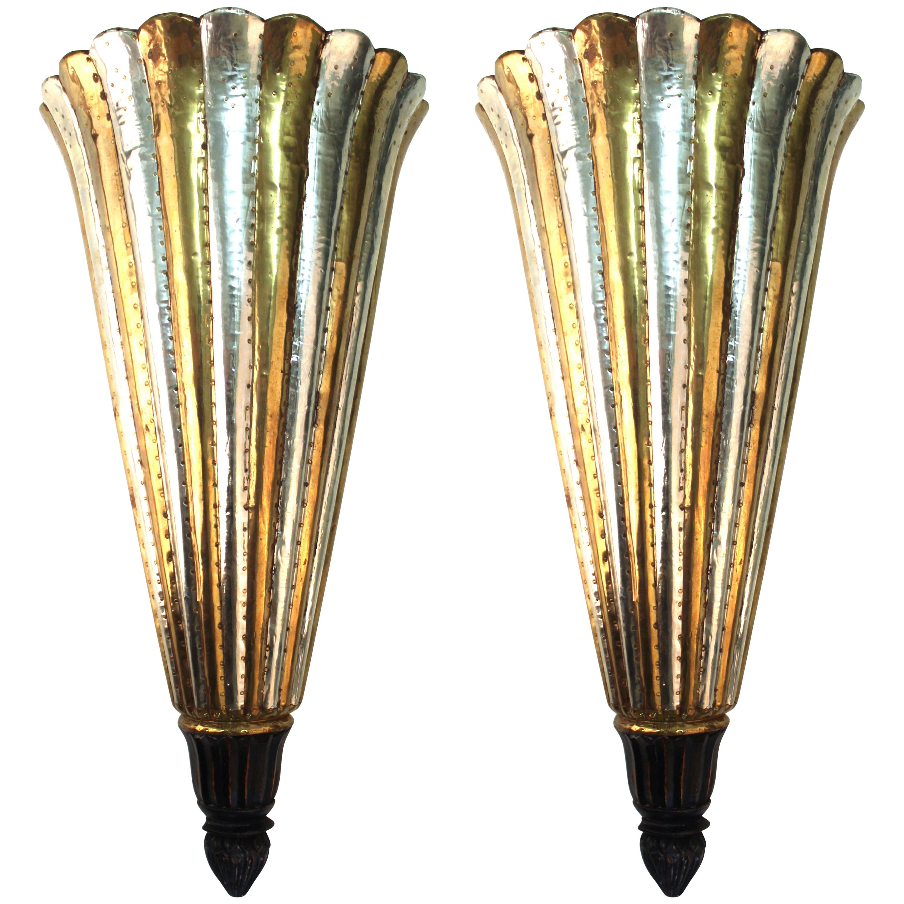 Art Deco Plume Sconces in Wood and Metal