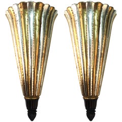 Art Deco Plume Sconces in Wood and Metal