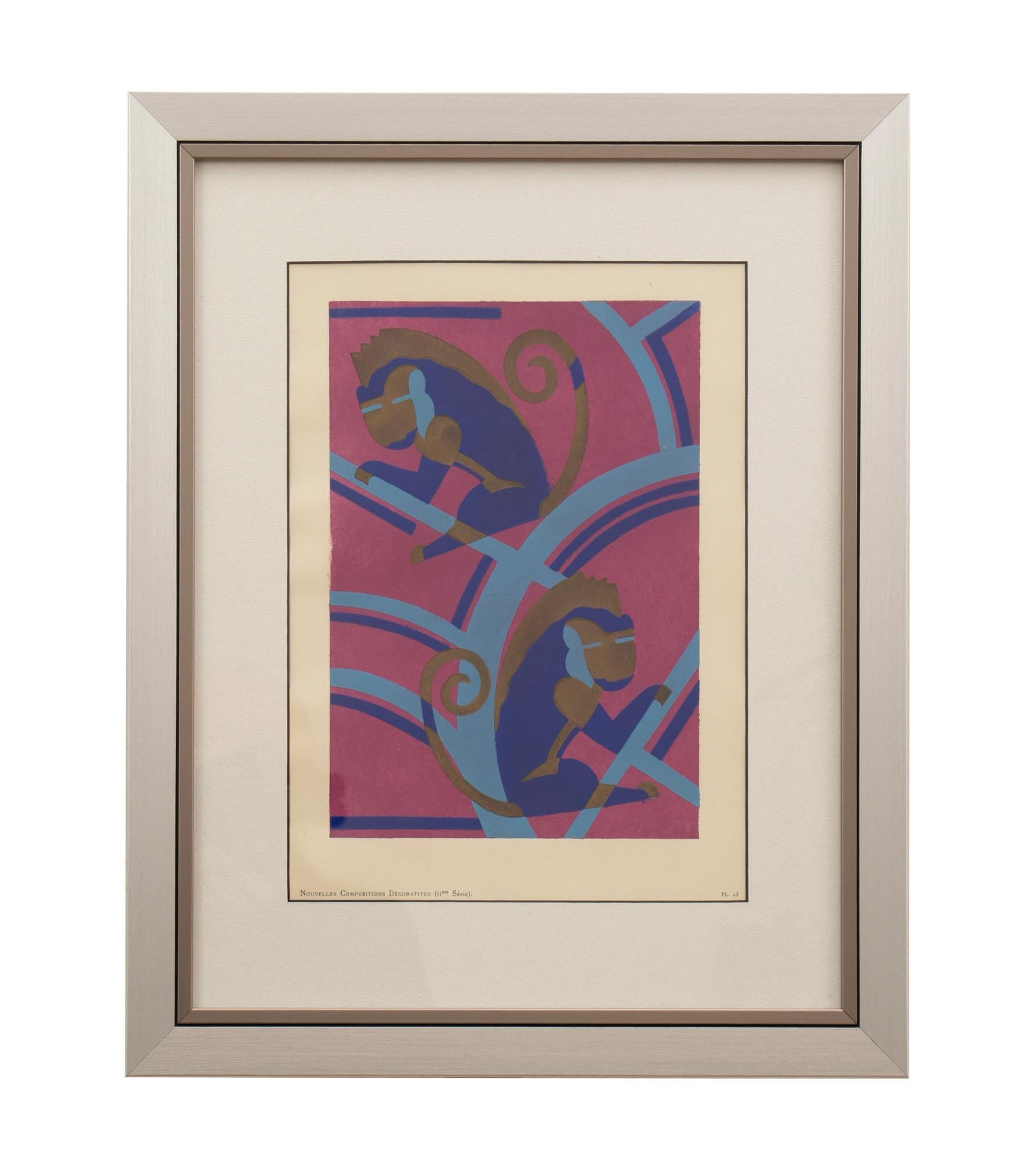 Art Deco Pochoir by Serge Gladky
Series 2, newly framed
Measures: H 44cm, W 36cm, D 2cm
French, circa 1925.

Serge Gladky, a superb artist who produced these Pochoirs for textile and wall paper designs, this one shows a geometric design of