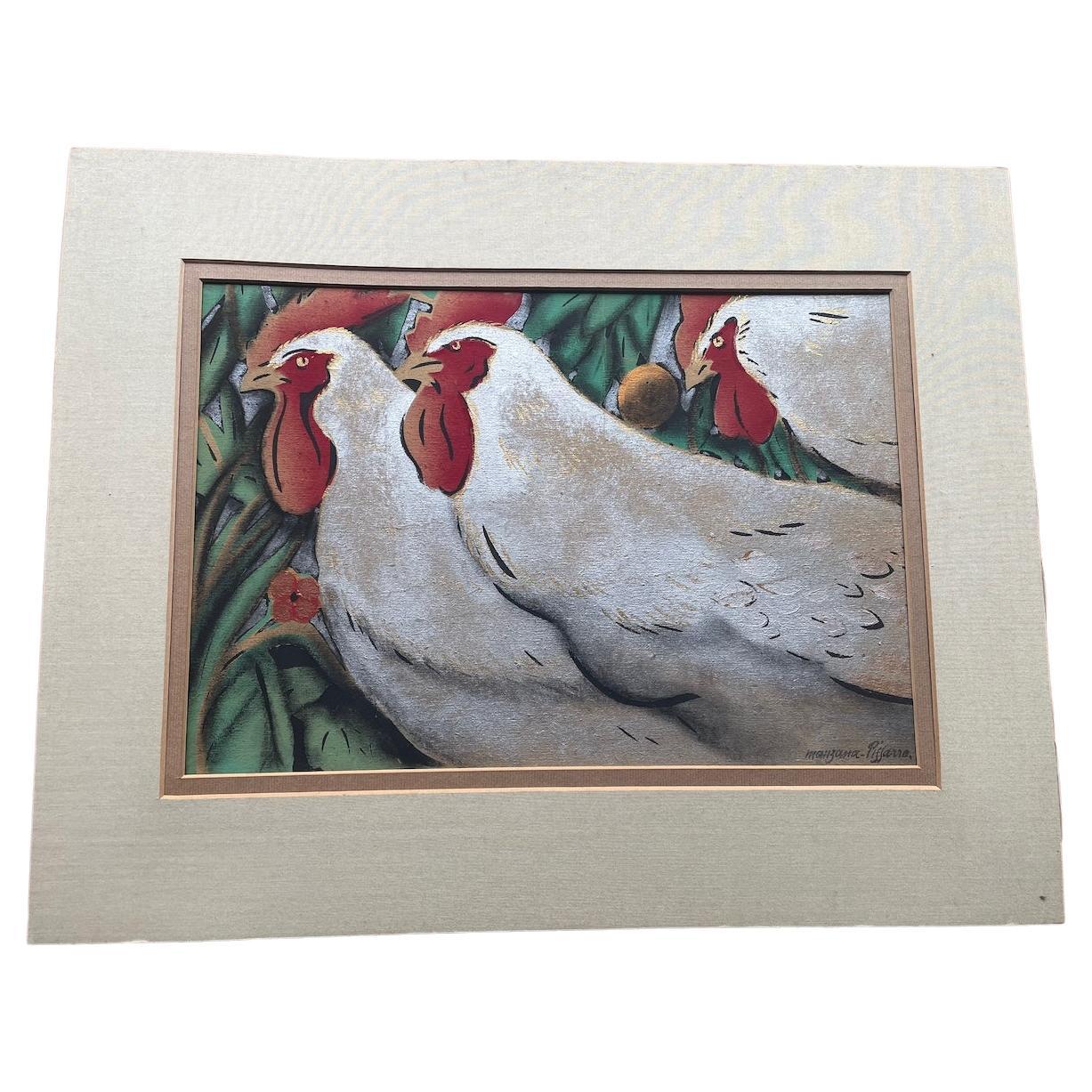 Art Déco Pochoir Druck "Les coqs". Georges MANZANA- PISSARRO. Frankreich 1920er Jahre. im Angebot