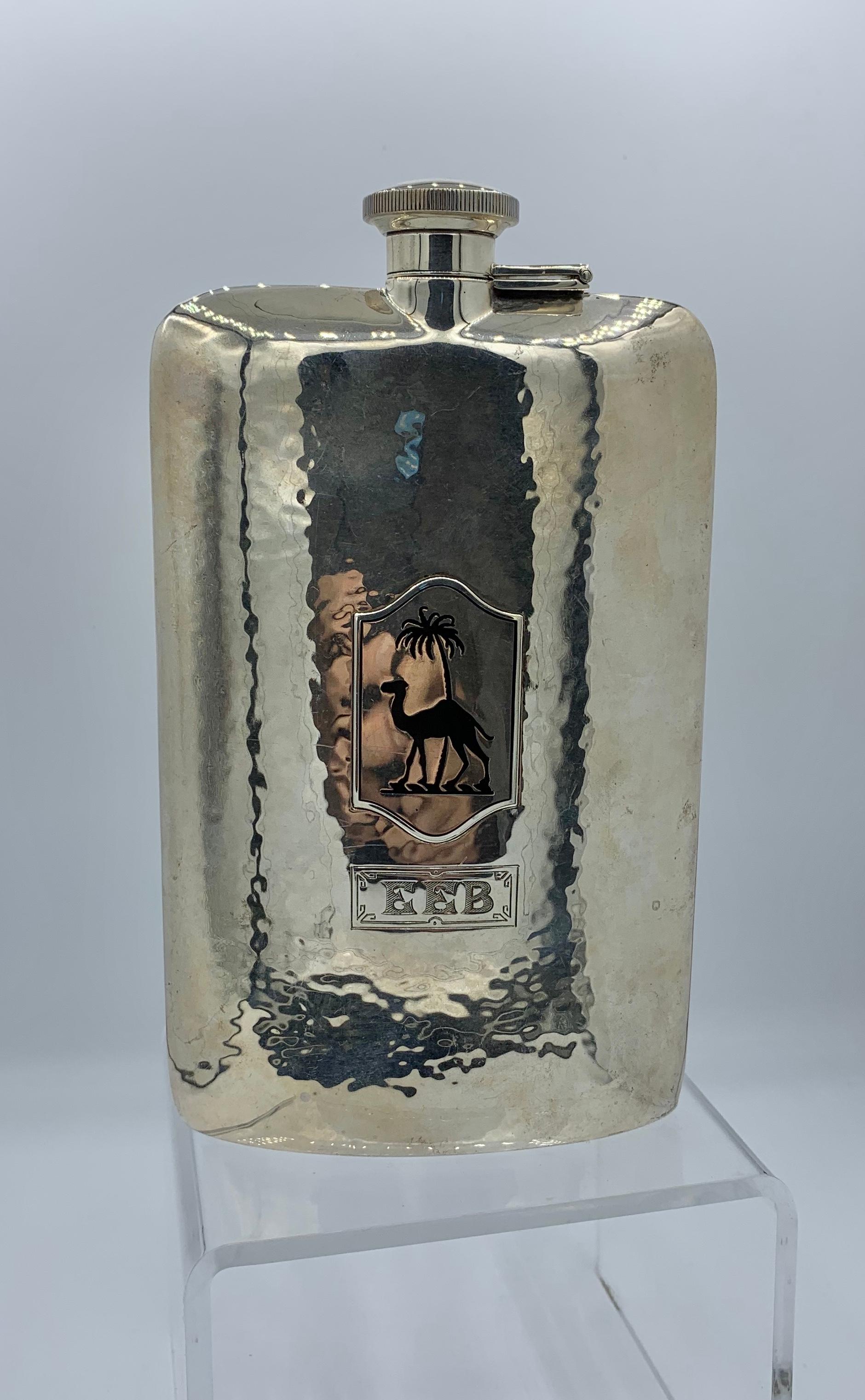 Art Deco Pocket Flask Sterling Silver Enamel Egyptian Revival Camel Palm Tree In Good Condition For Sale In New York, NY