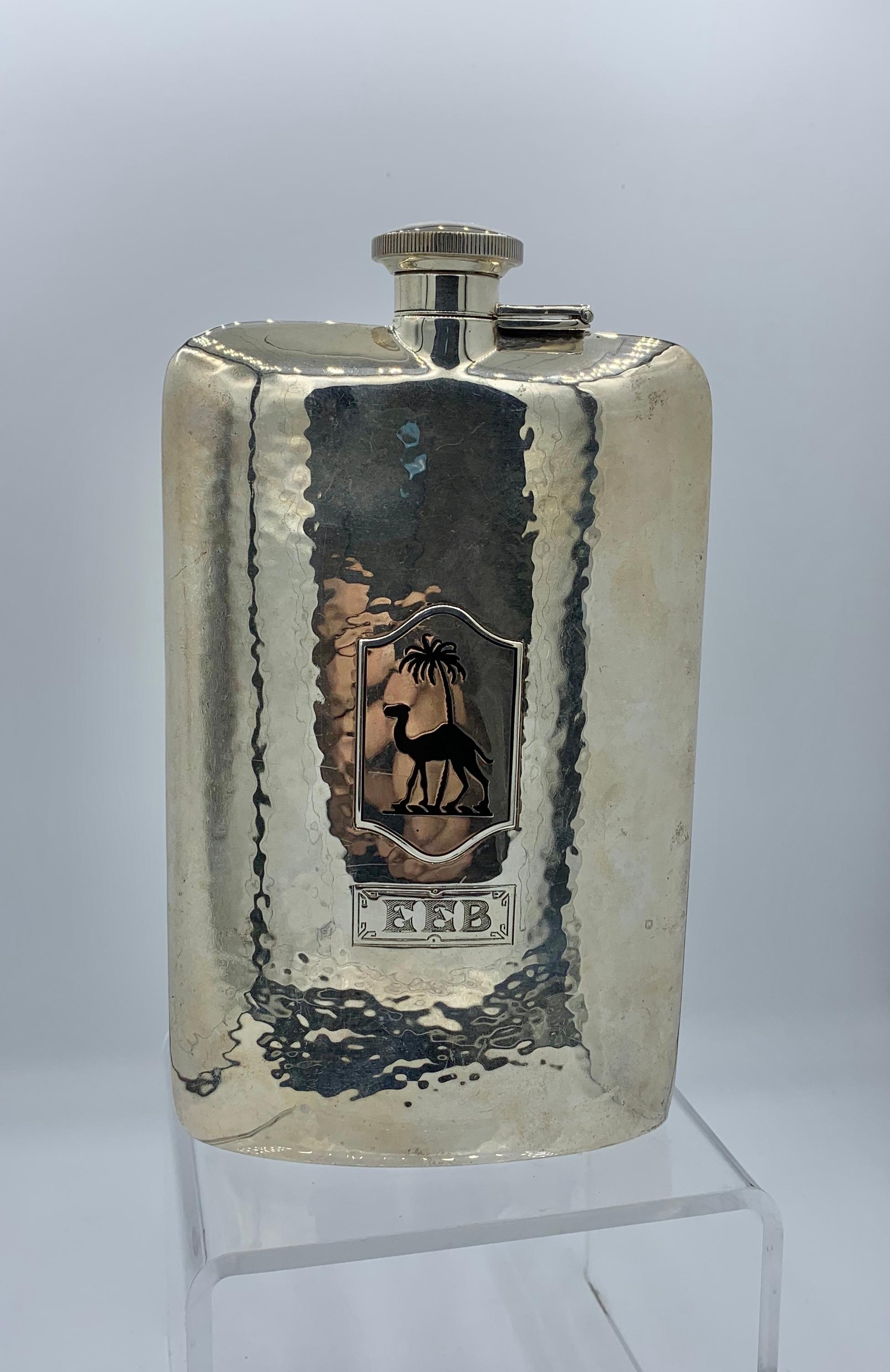 Women's or Men's Art Deco Pocket Flask Sterling Silver Enamel Egyptian Revival Camel Palm Tree For Sale