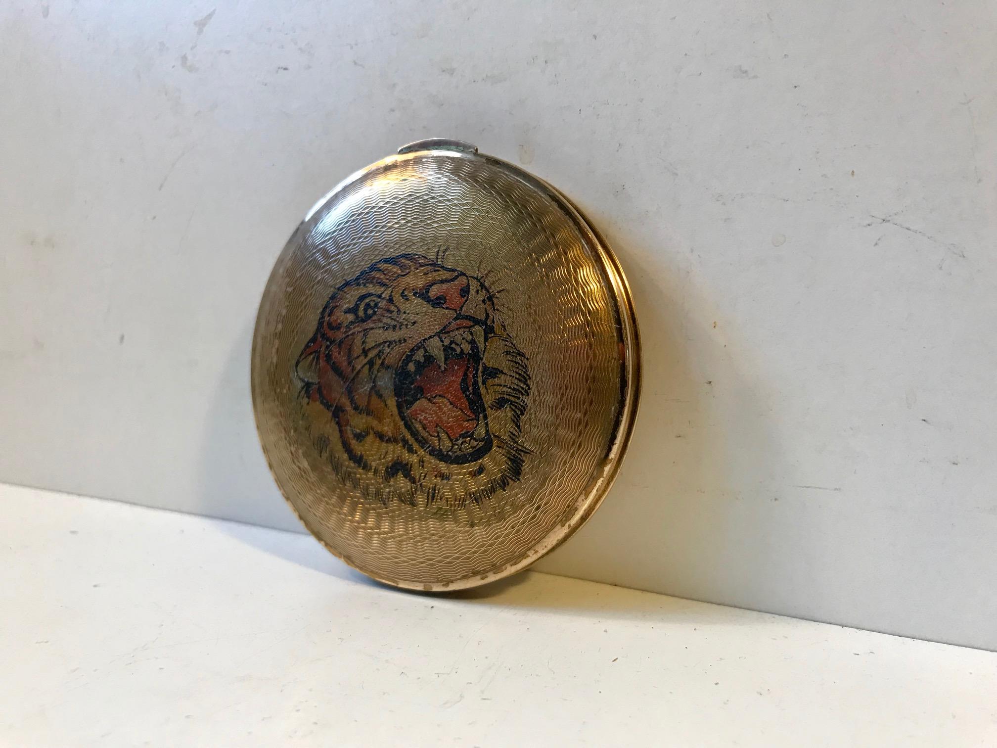 European Art Deco Pocket Mirror with Tiger, Austria, circa 1940