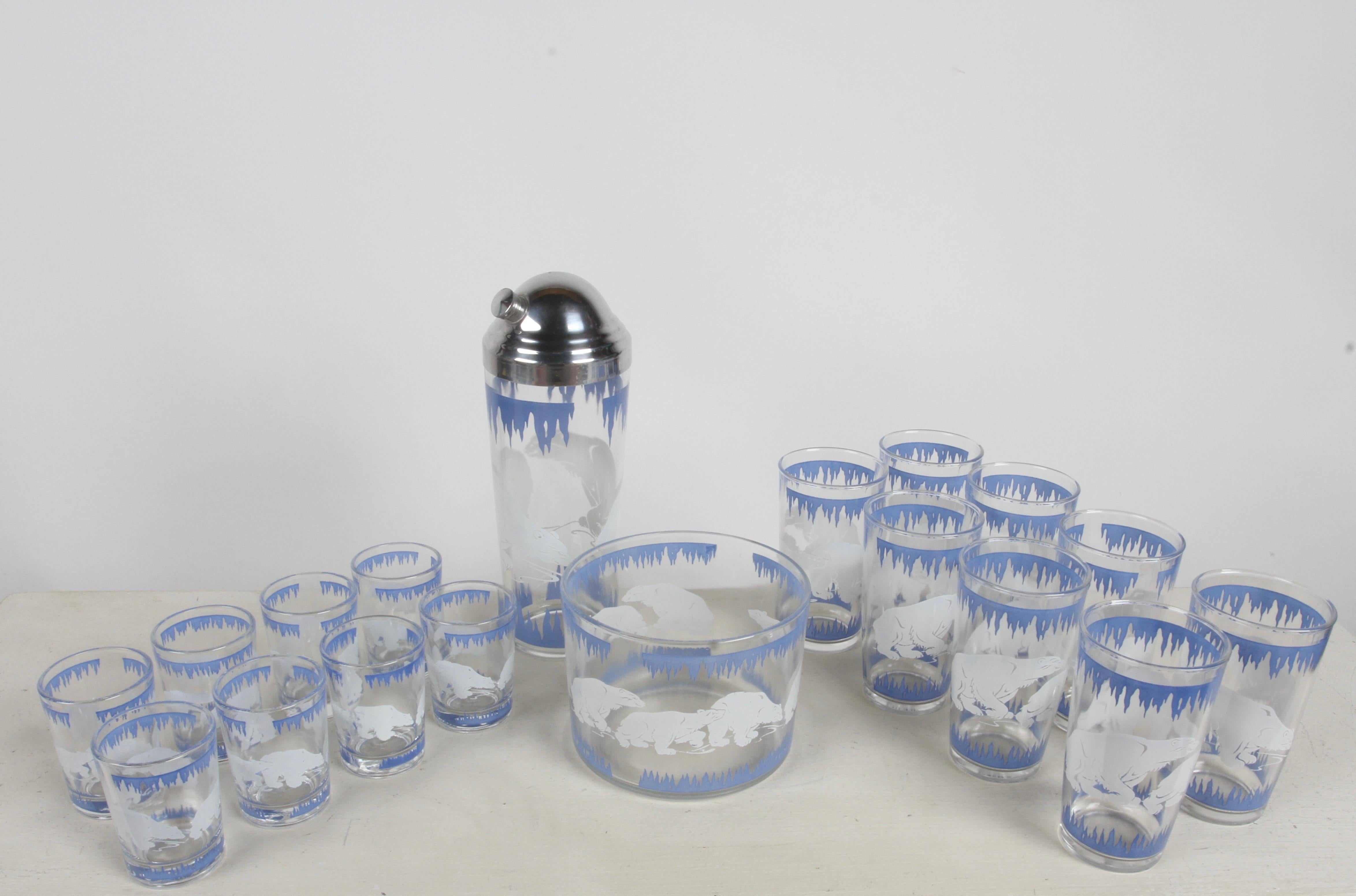 Juego de cócteles Art Decó Oso Polar - Hazel-Atlas - Juego completo de 18 cocteleras Caja Estadounidense en venta