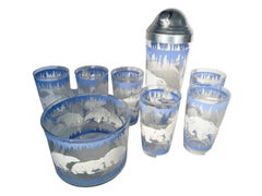 Art Deco Polar Bear Cocktail Set, Hazel-Atlas, Shaker, Ice Bowl & 14 Glasses