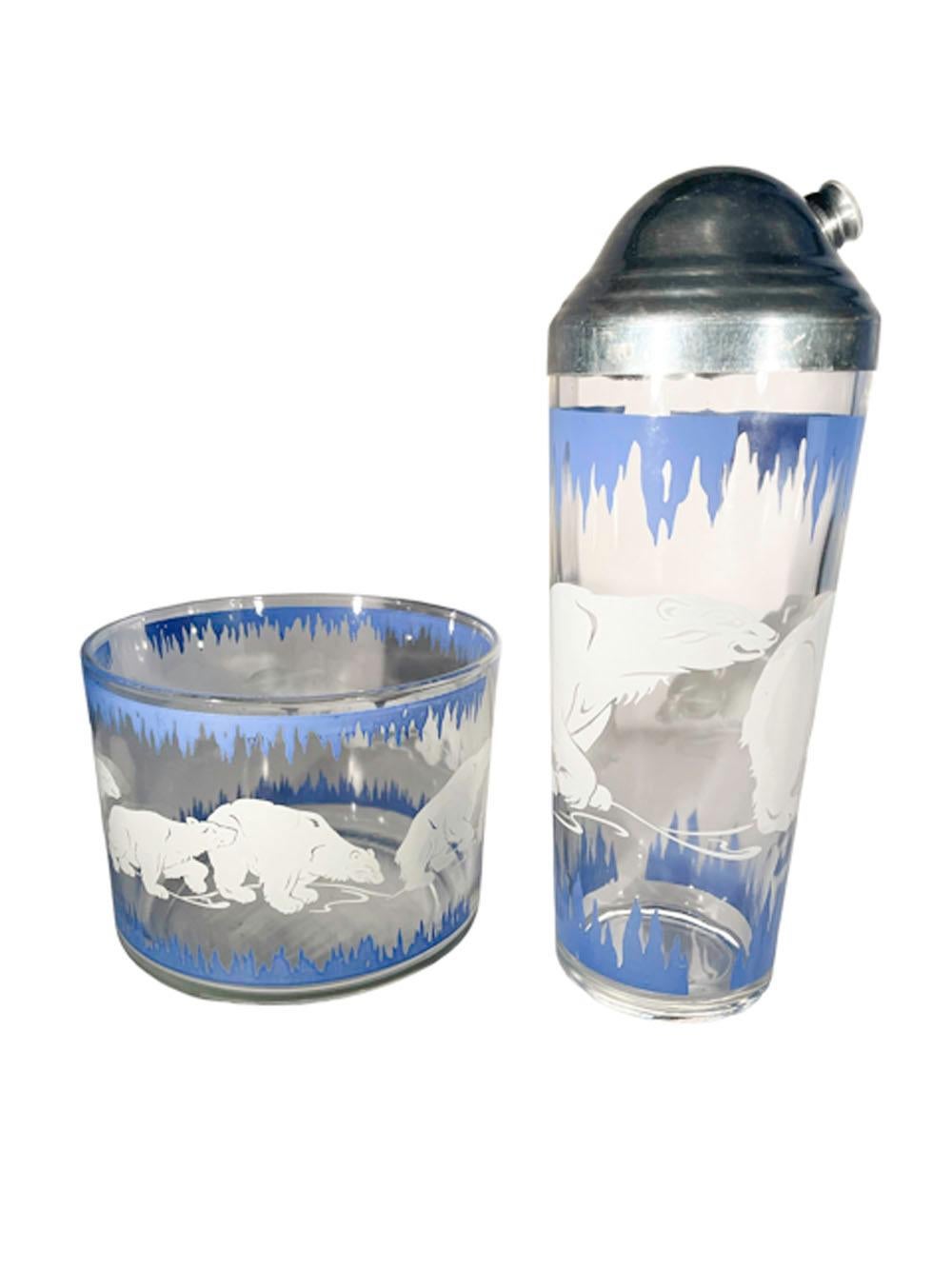 American Art Deco Polar Bear Cocktail Set, Hazel-Atlas, Shaker, Ice Bowl & 14 Glasses For Sale