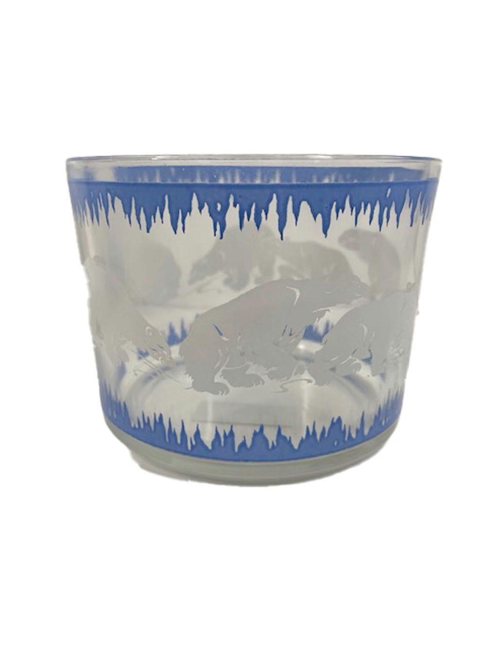 Art Deco cocktail shaker and ice bowl from the Sportsmans Series by Hazel-Atlas decorated with white polar bears between two bands of blue icicles.