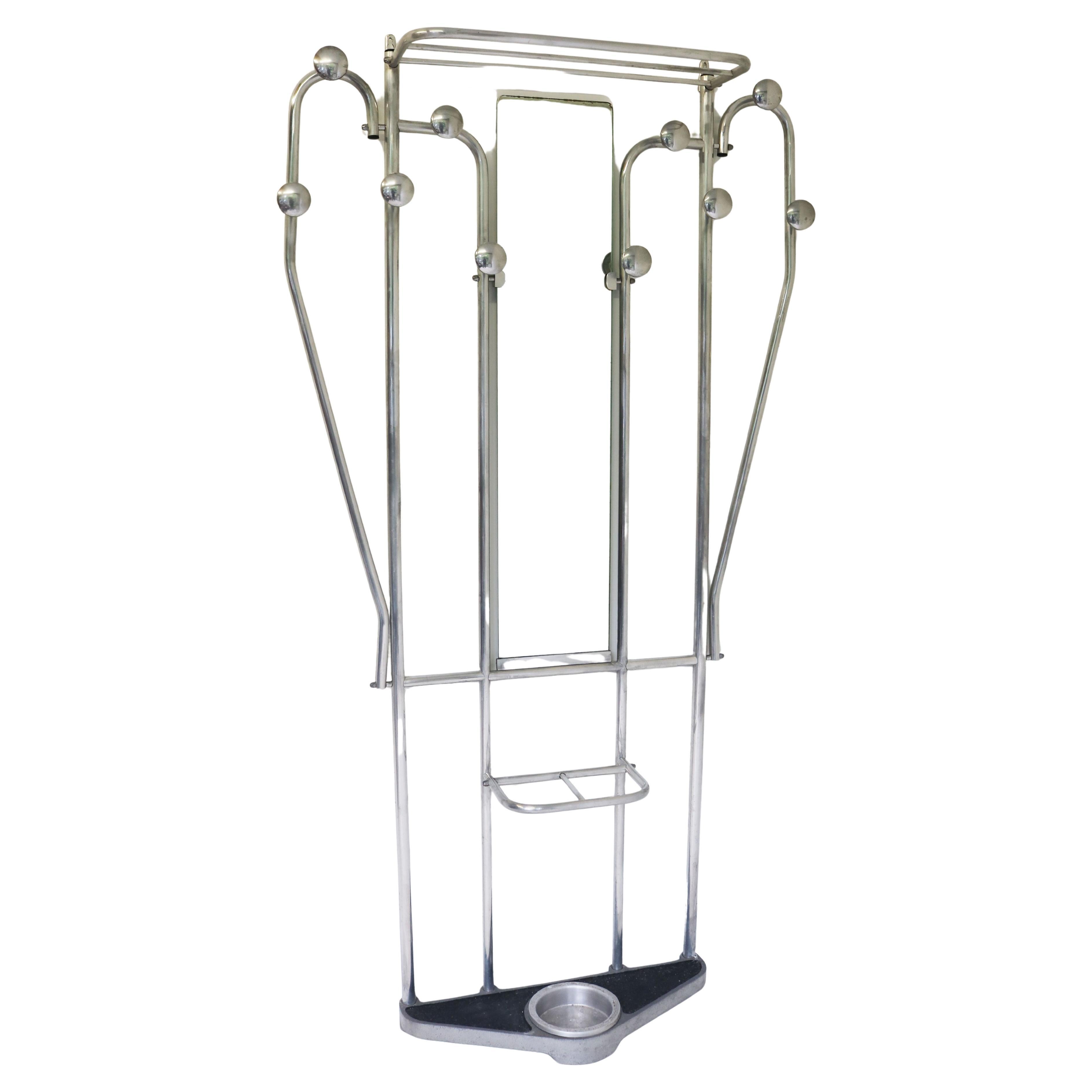 Art Deco Polished Aluminum Hall Tree Umbrella Stand Coat Rack Bauhaus For Sale