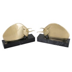 Art Deco Polished Brass and Marble LongHorn Bull Bookends