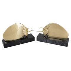Art Deco Polished Brass and Marble LongHorn Bull Bookends
