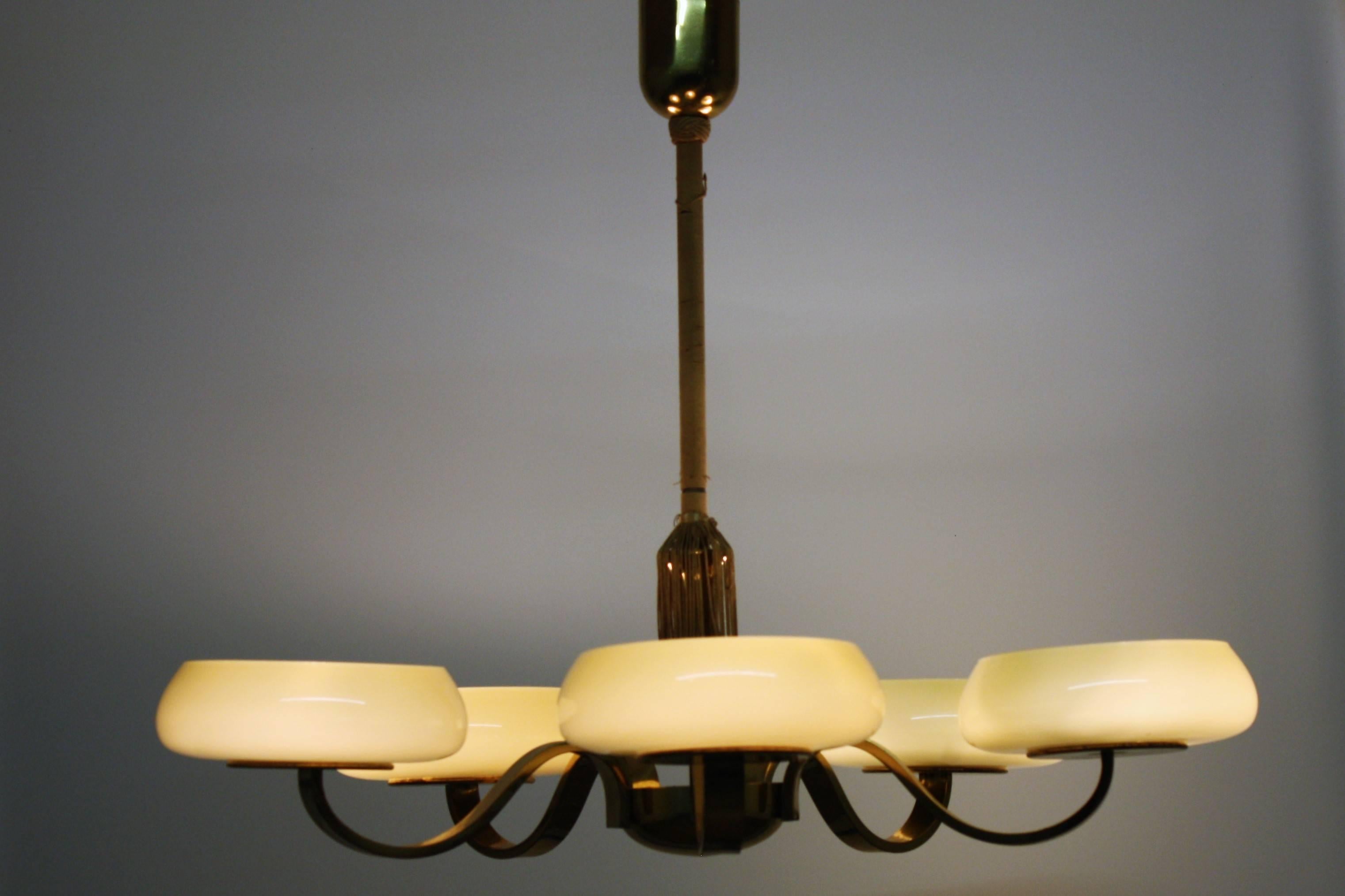 Art Deco Polished Brass and Opal Glass Five-Light Chandelier, Germany, 1930s 2