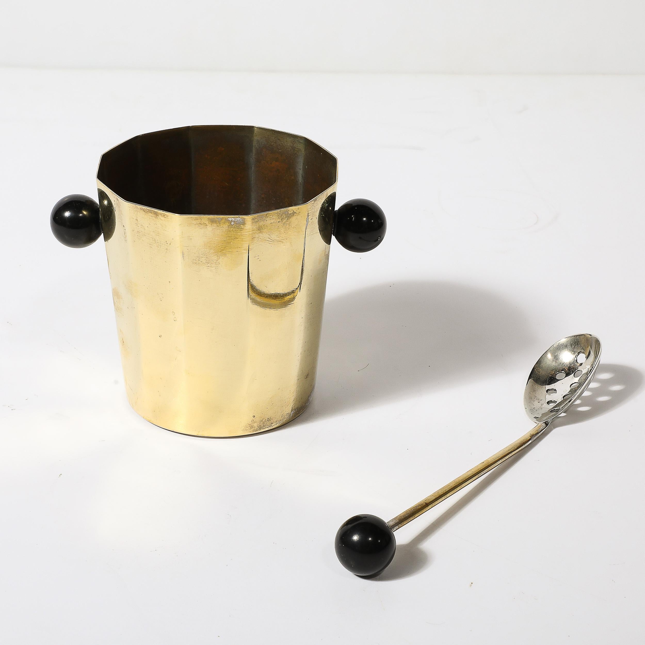 Art Deco Polished Brass & Bakelite Ice Bucket W/ Matching Scoop 6