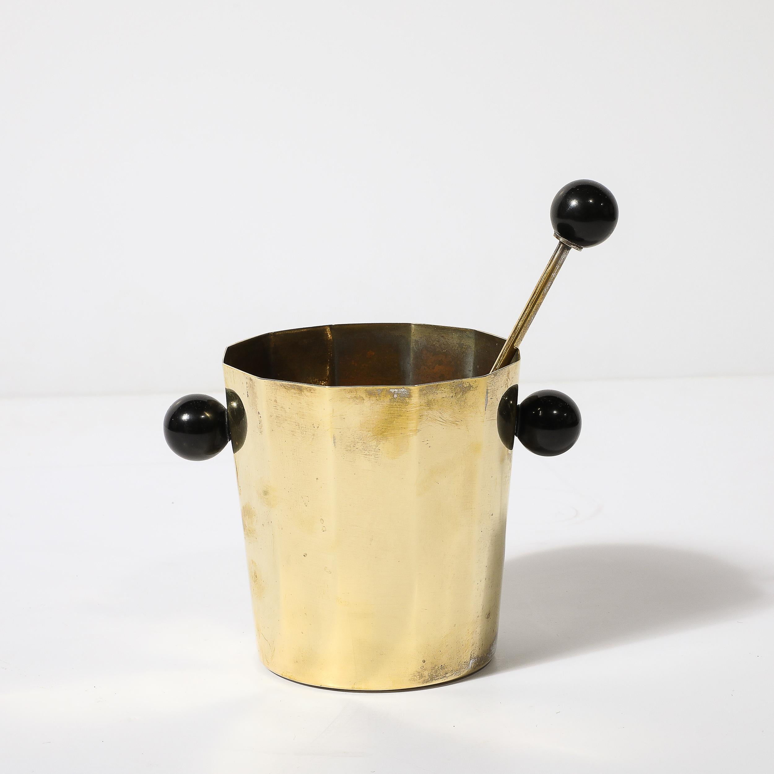 American Art Deco Polished Brass & Bakelite Ice Bucket W/ Matching Scoop
