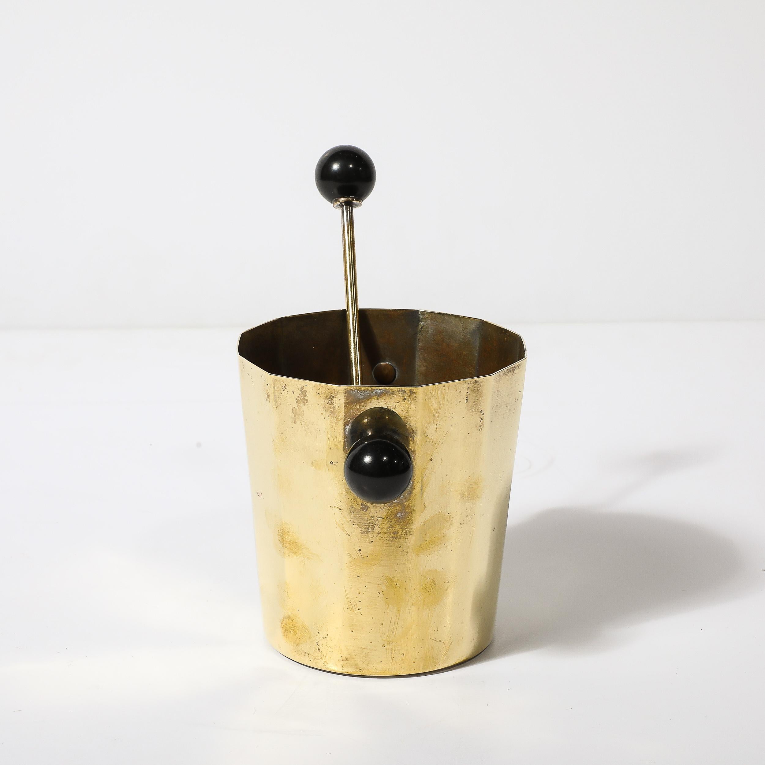 Mid-20th Century Art Deco Polished Brass & Bakelite Ice Bucket W/ Matching Scoop