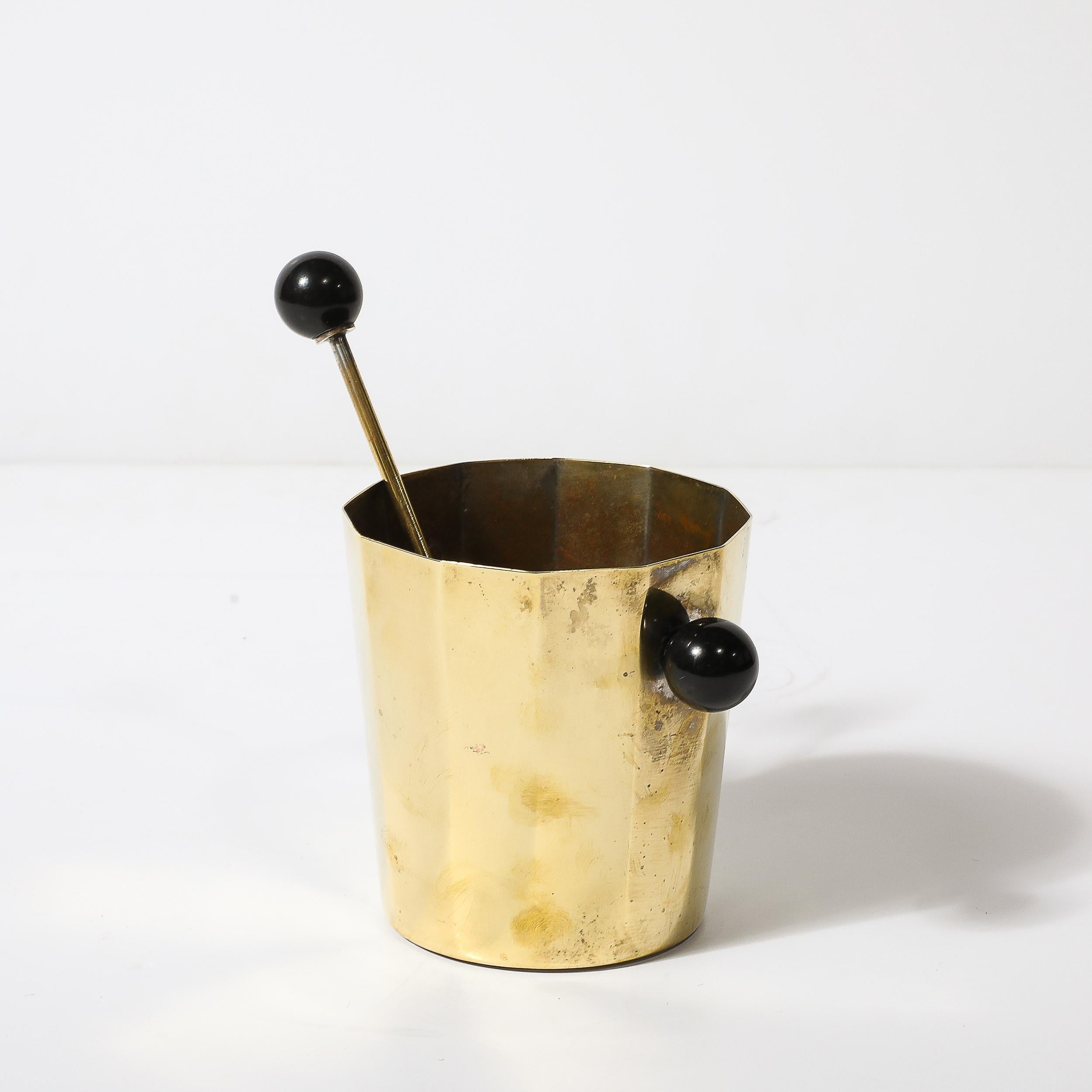 Art Deco Polished Brass & Bakelite Ice Bucket W/ Matching Scoop 1