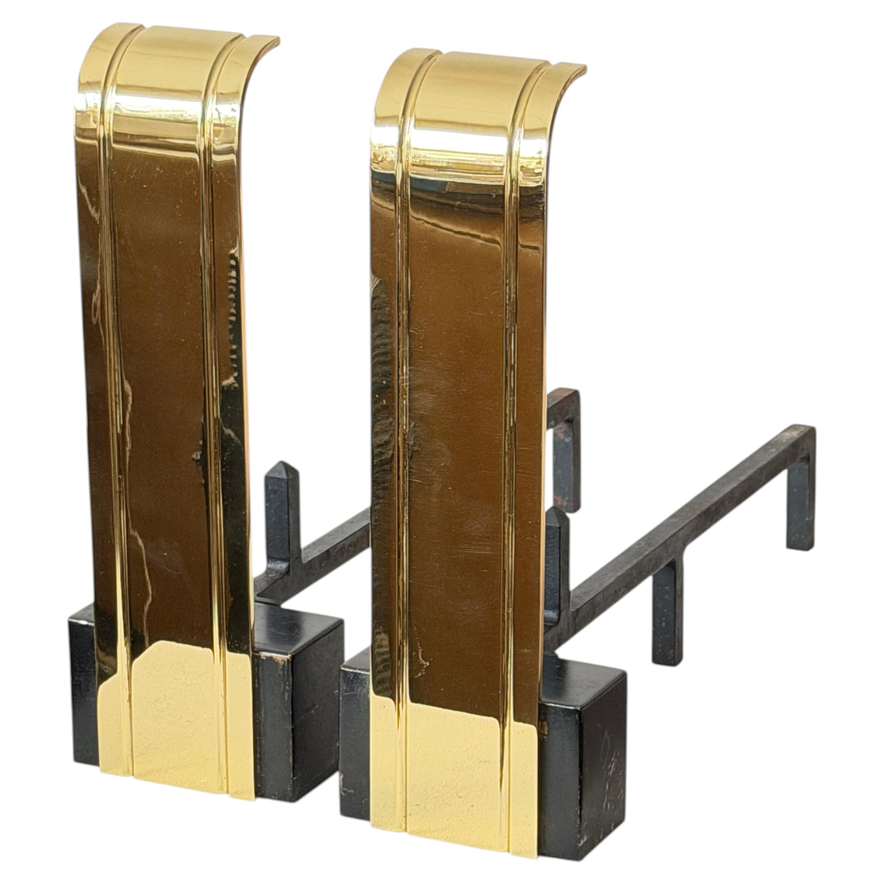 Art Deco Polished Brass Large Andirons ca' 1950's