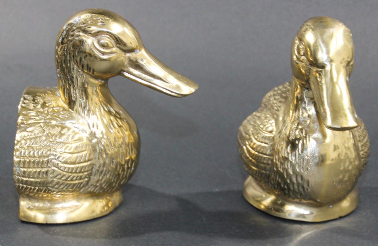 Metal Art Deco Polished Cast Brass Duck Bookends, circa 1940 For Sale