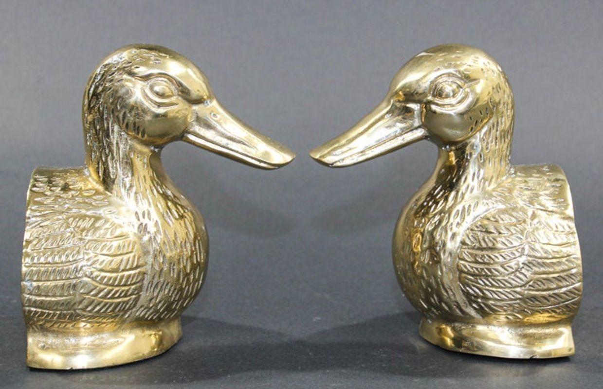 Metal Polished Cast Brass Mallard Duck Head Bookends, circa 1940