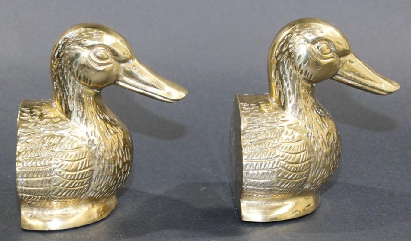 Polished Cast Brass Mallard Duck Head Bookends, circa 1940 2