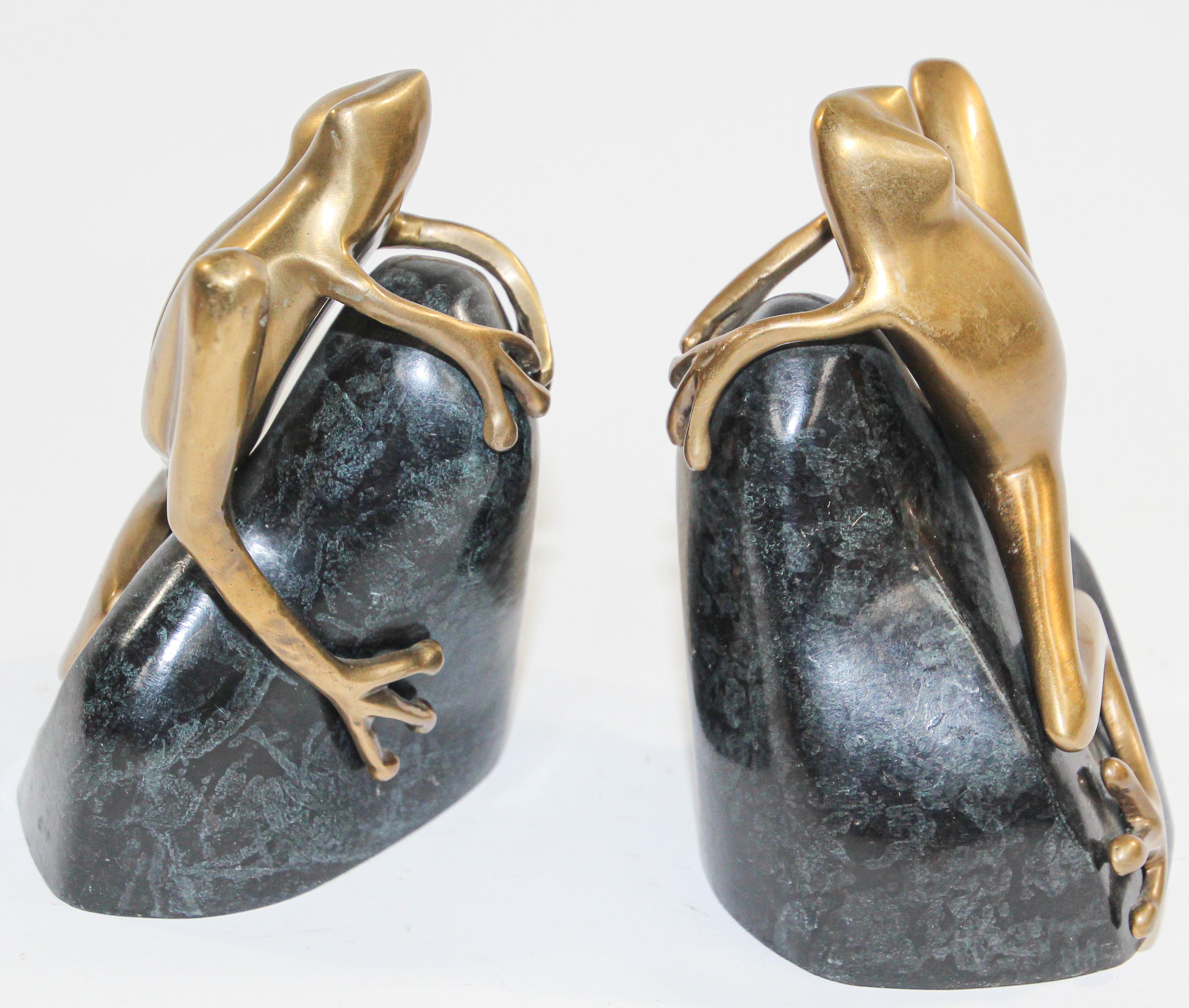 Art Deco Polished Cast Polished Brass Frogs on a Rock Bookends, circa 1940 3