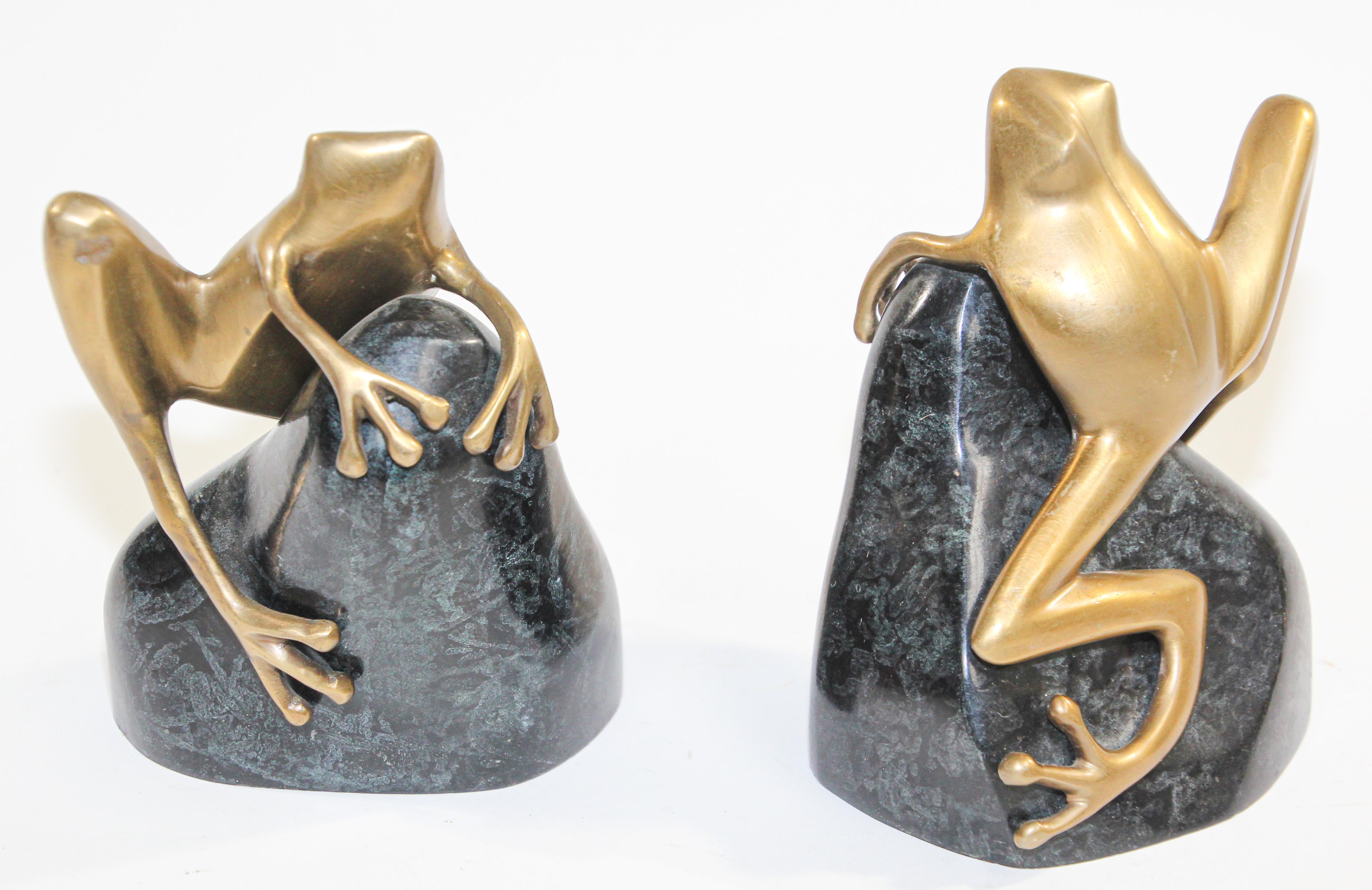 Art Deco Polished Cast Polished Brass Frogs on a Rock Bookends, circa 1940 5