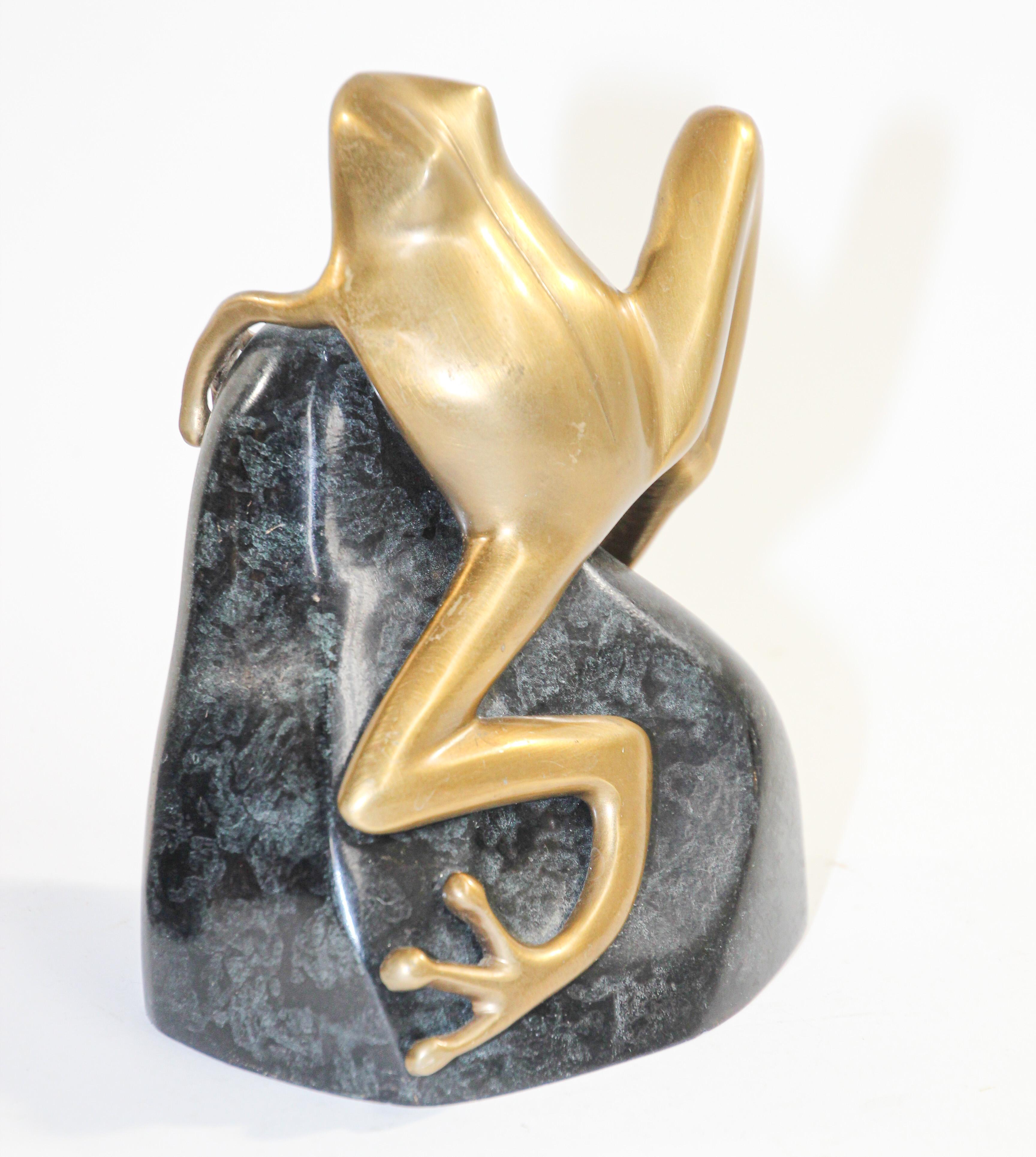 American Art Deco Polished Cast Polished Brass Frogs on a Rock Bookends, circa 1940