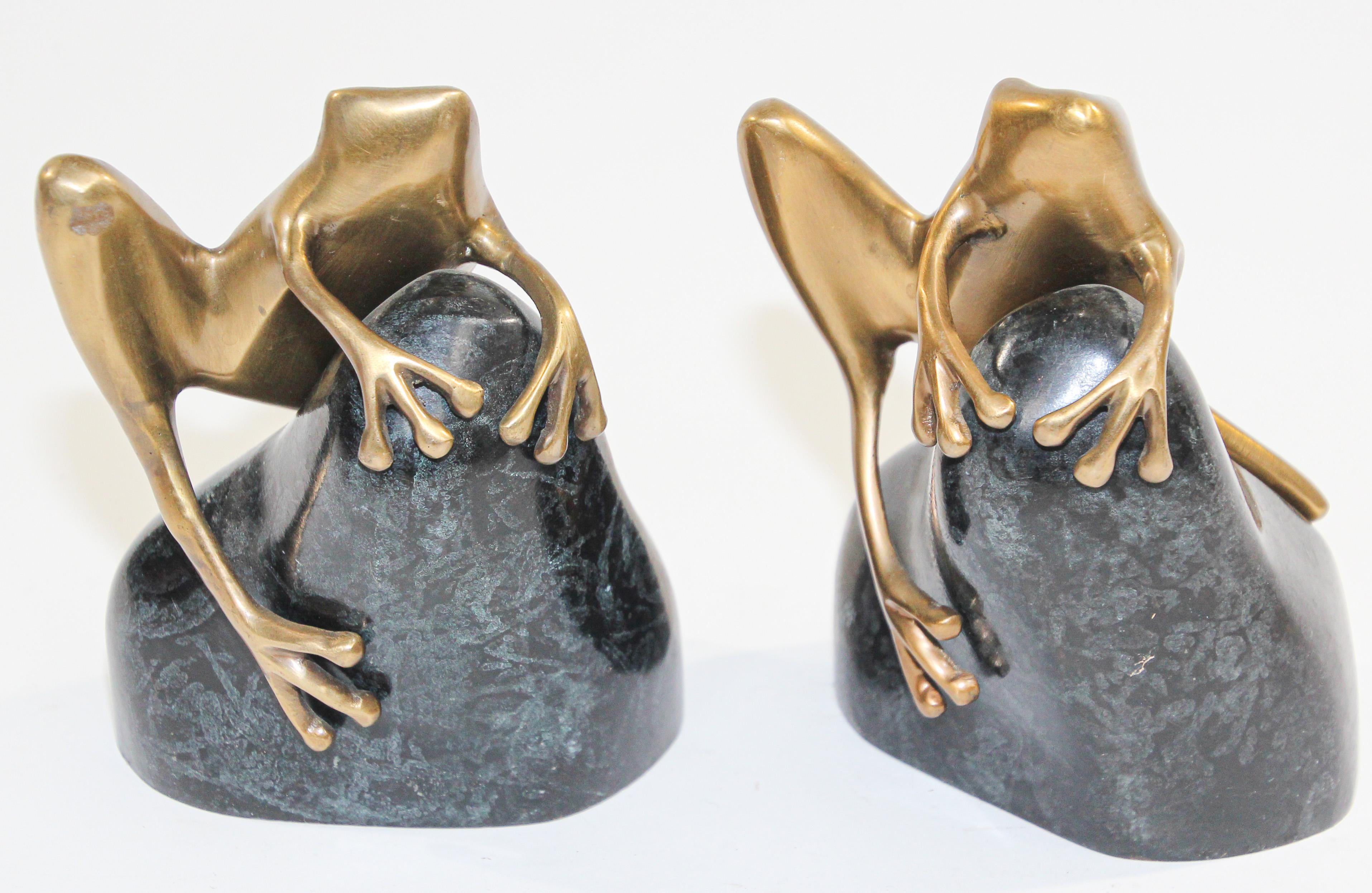 20th Century Art Deco Polished Cast Polished Brass Frogs on a Rock Bookends, circa 1940