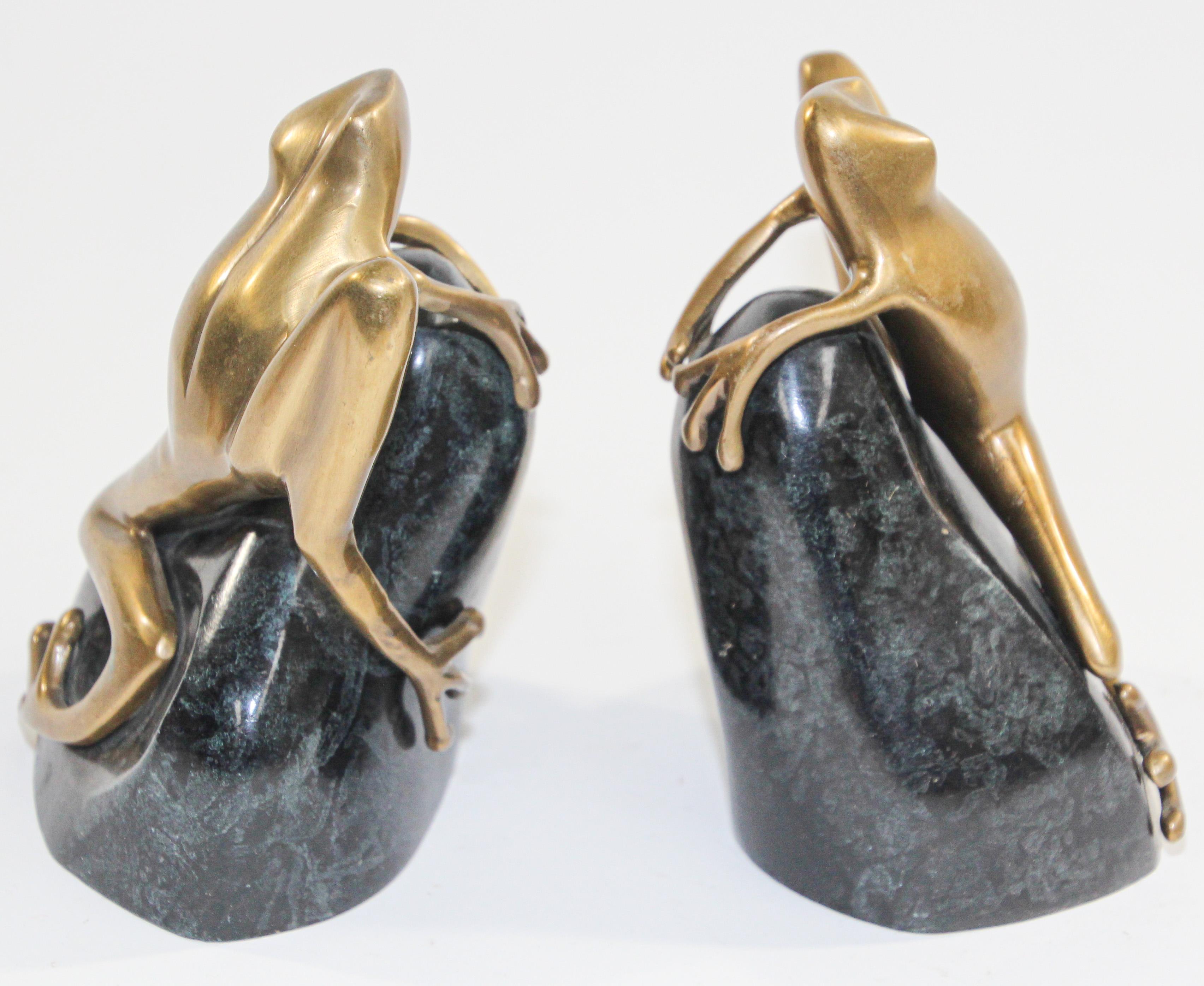 Metal Art Deco Polished Cast Polished Brass Frogs on a Rock Bookends, circa 1940