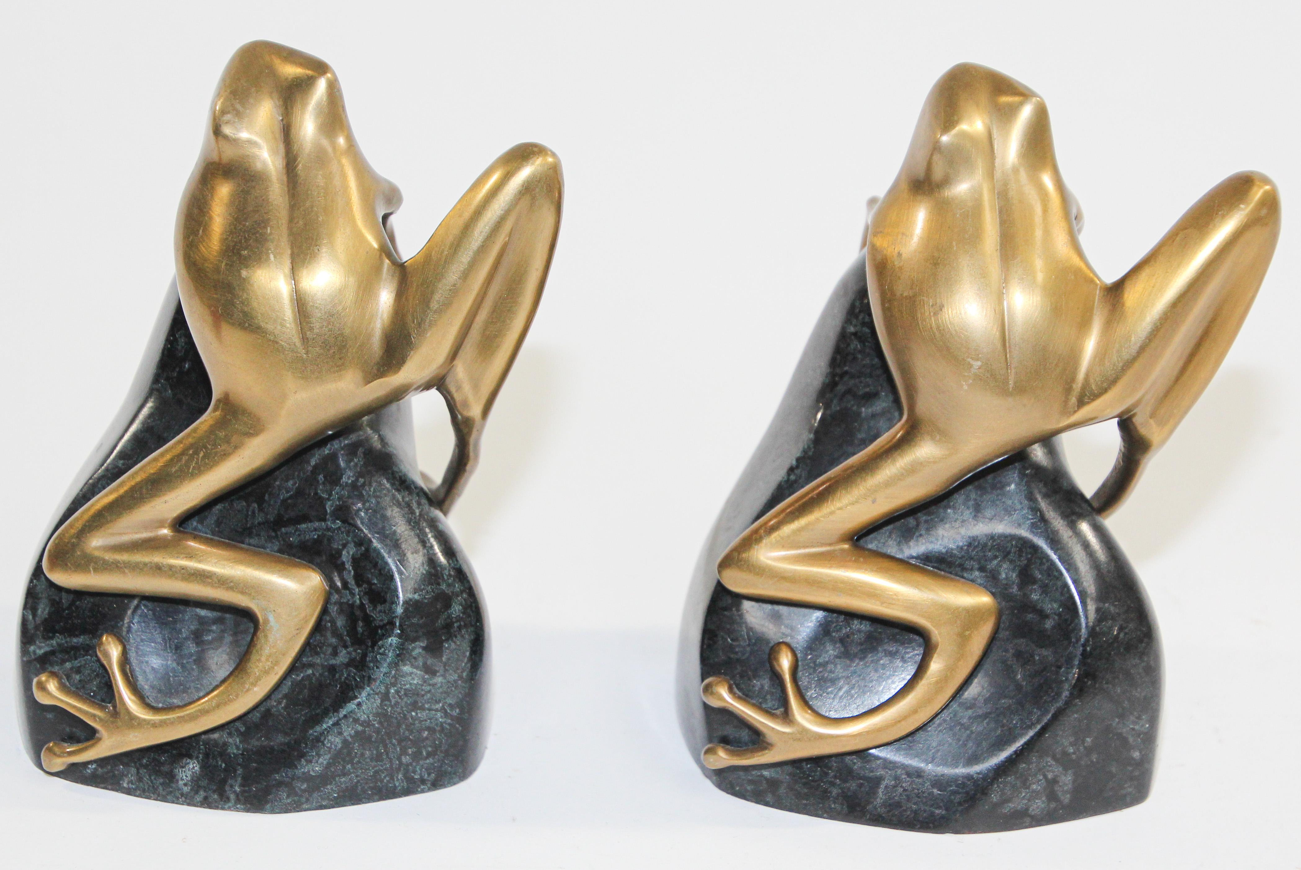 Art Deco Polished Cast Polished Brass Frogs on a Rock Bookends, circa 1940 1