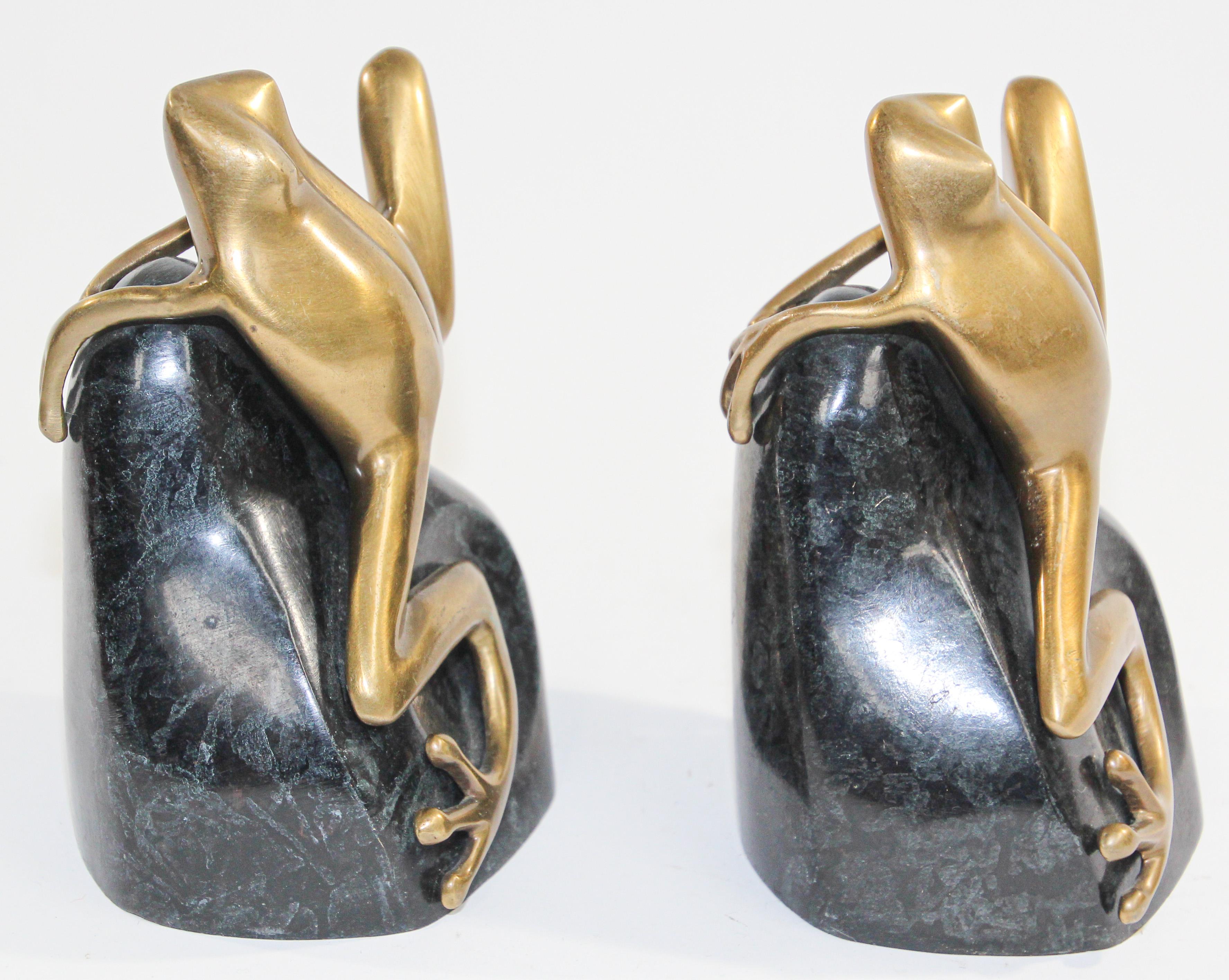 Art Deco Polished Cast Polished Brass Frogs on a Rock Bookends, circa 1940 2