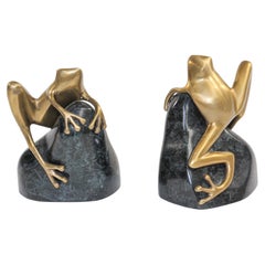 Retro Art Deco Polished Cast Polished Brass Frogs on a Rock Bookends, circa 1940