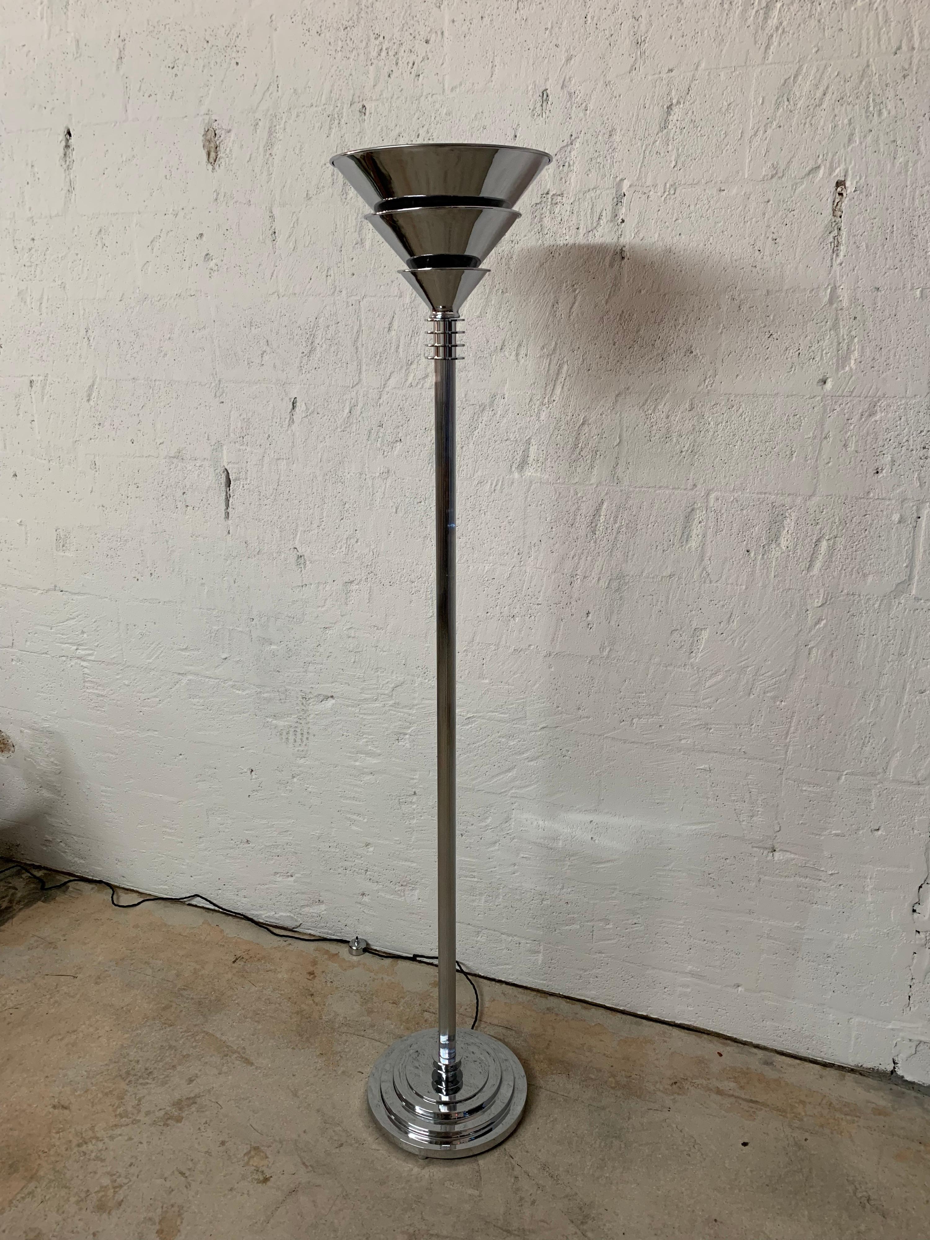 French Art Deco Polished Chrome over Steel Torchiere or Floor Lamp, Jean Perzel Style