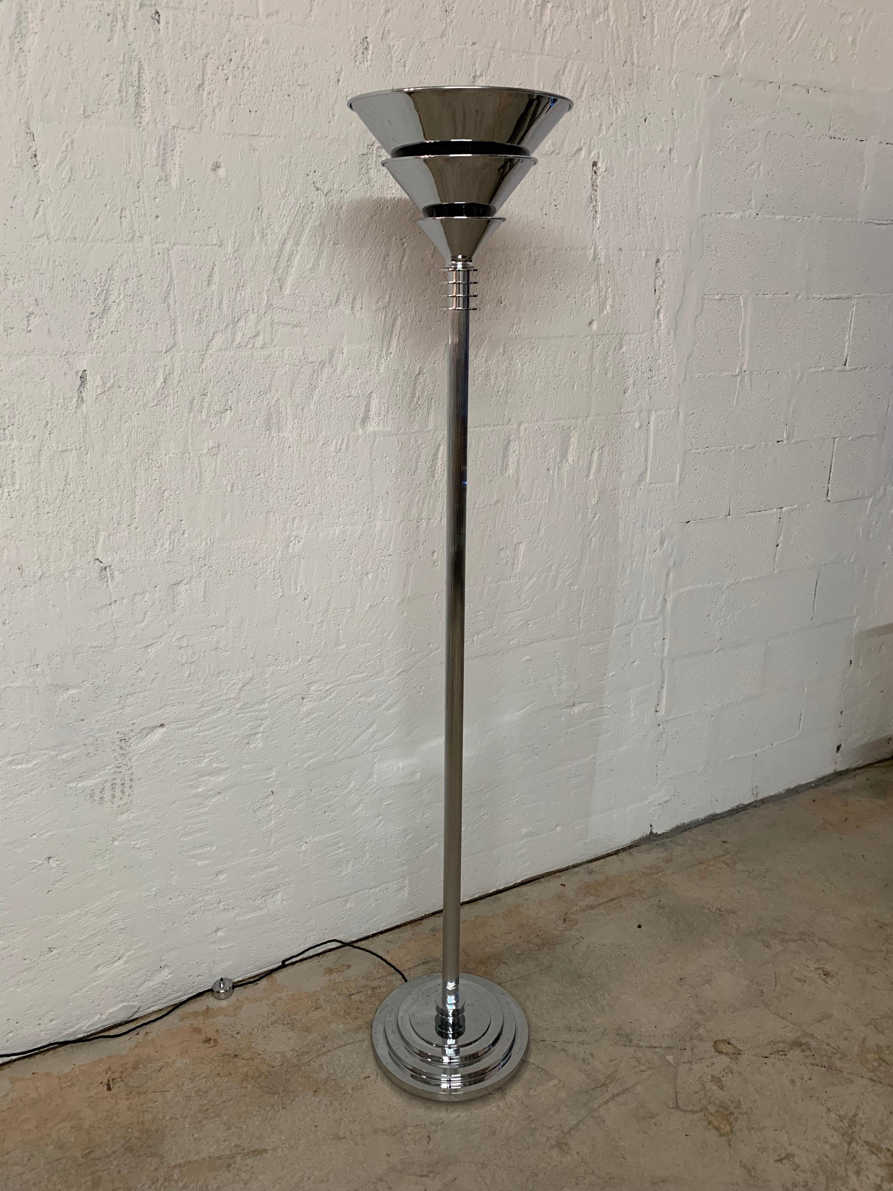 Plated Art Deco Polished Chrome over Steel Torchiere or Floor Lamp, Jean Perzel Style