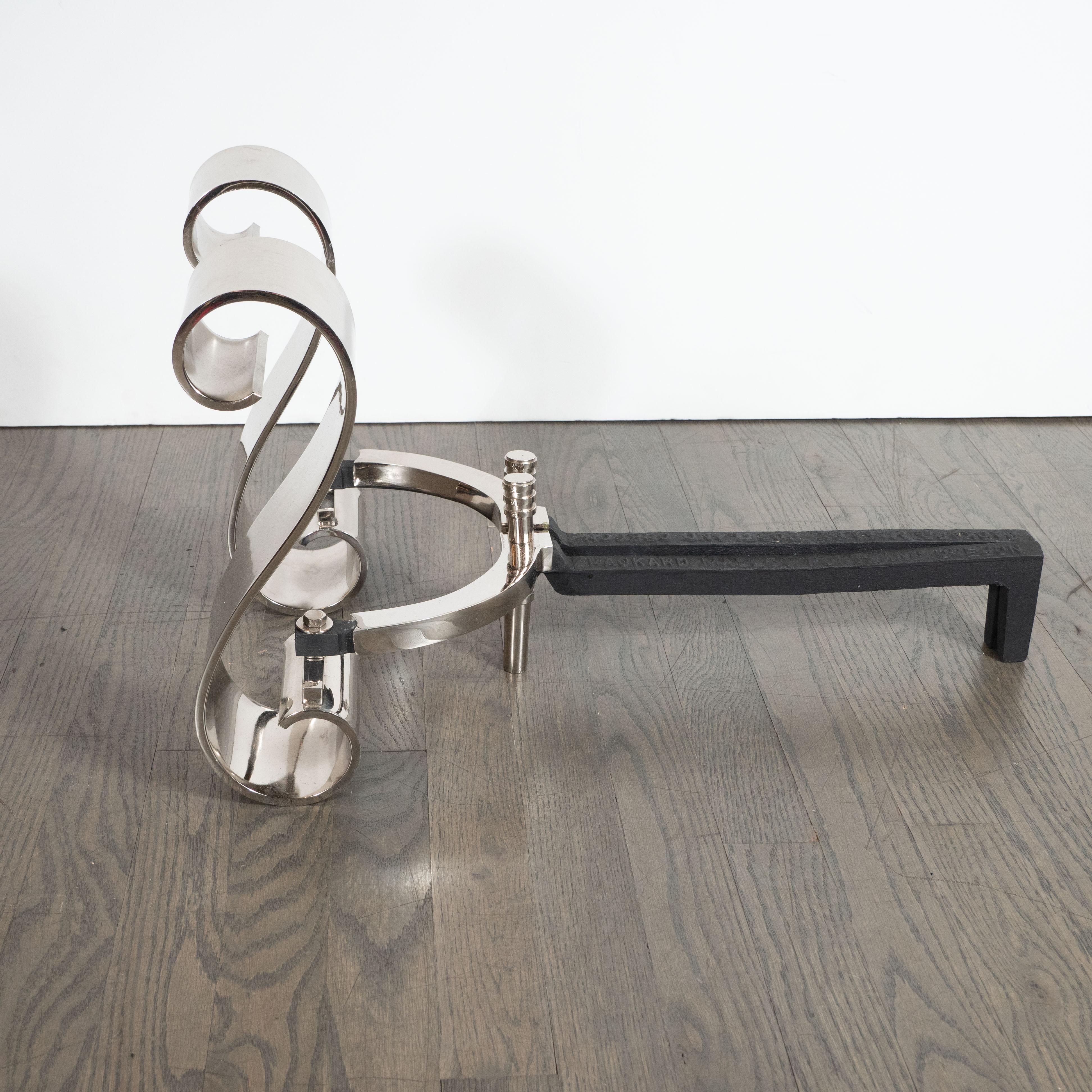 Mid-20th Century Art Deco Polished Chrome Streamlined Scroll Form Andirons after Raymond Subes