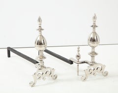Art Deco Polished Nickel Spire Topped Andirons