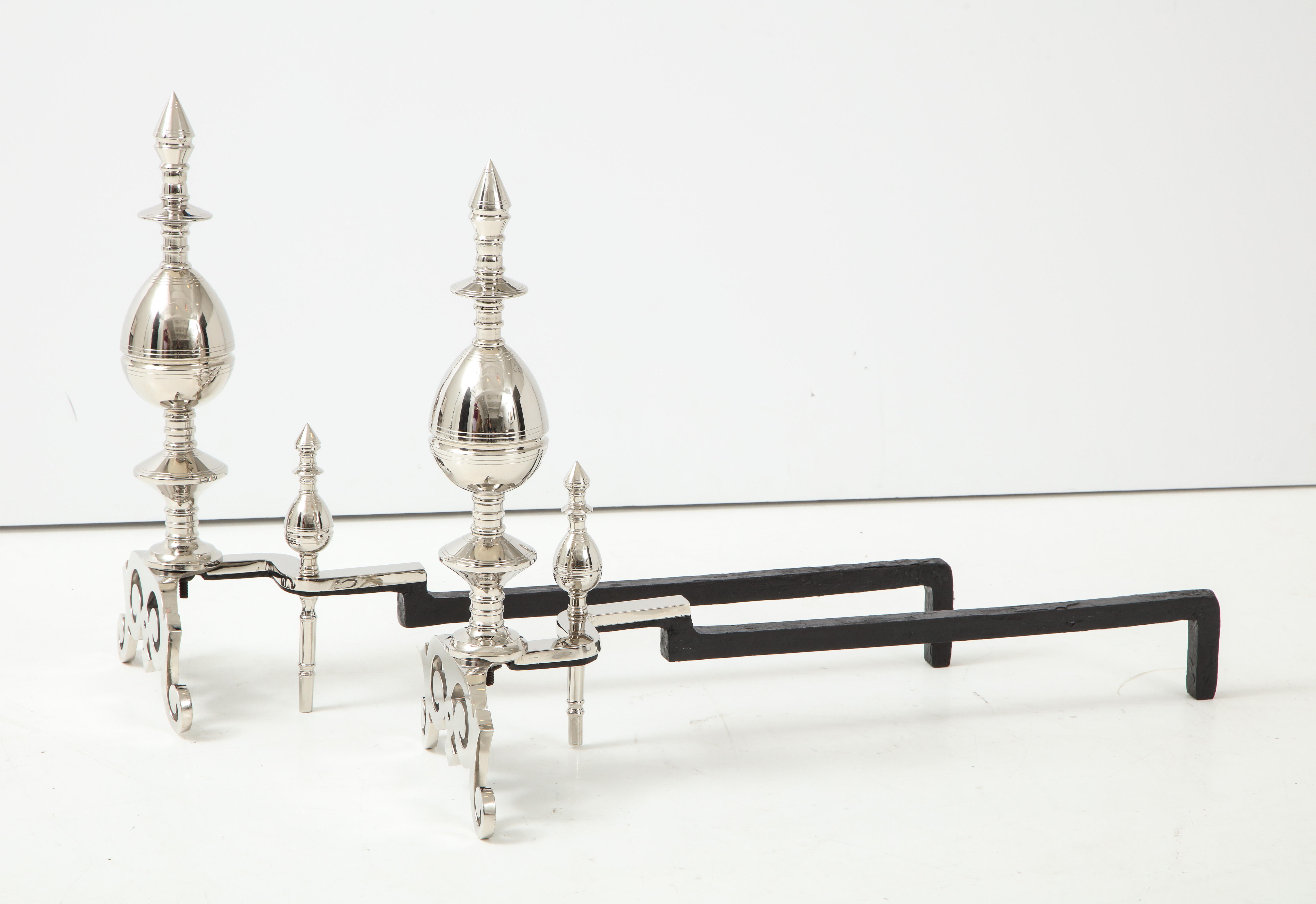 American Art Deco Polished Nickel Spire Topped Andirons For Sale