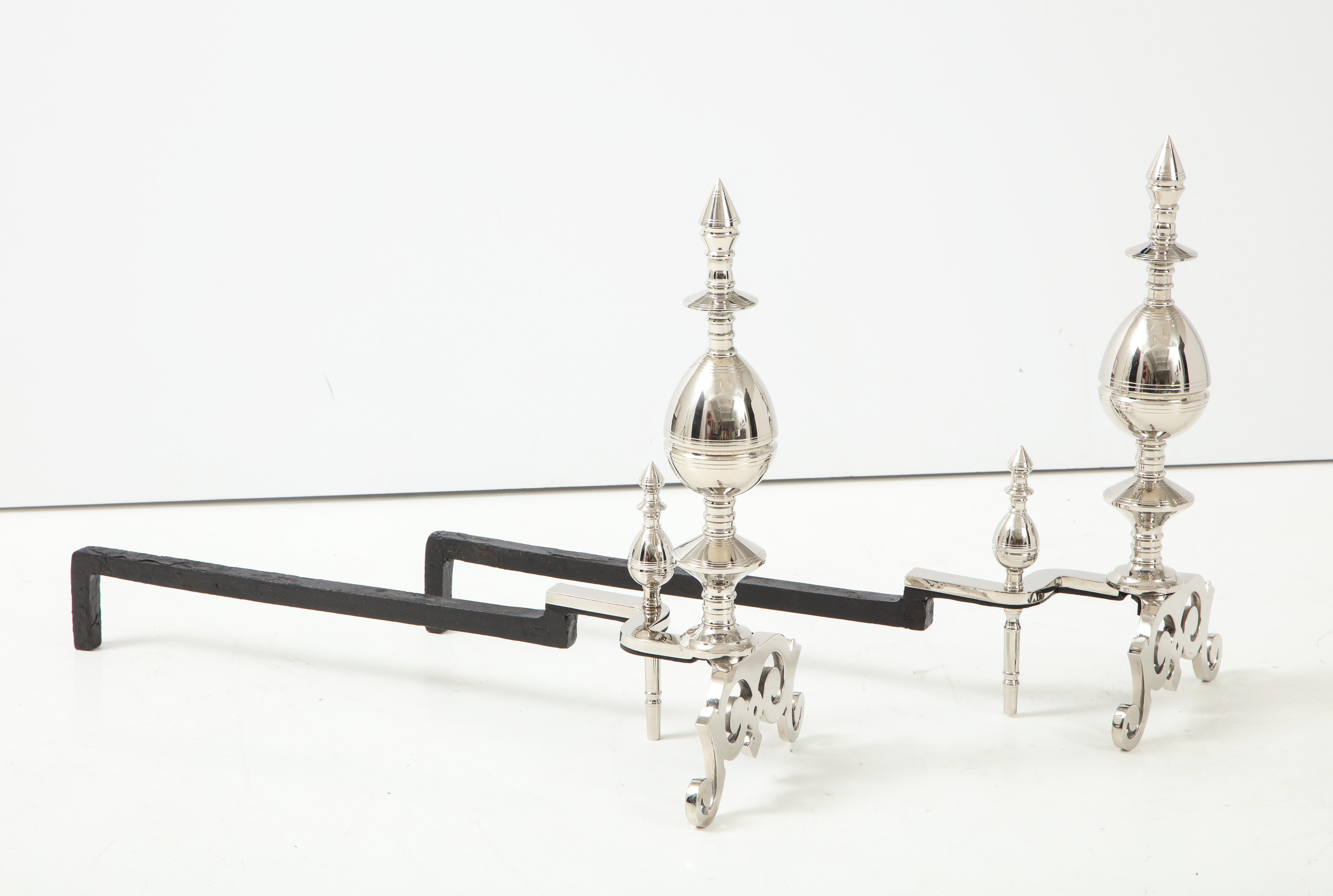 Art Deco Polished Nickel Spire Topped Andirons In Excellent Condition For Sale In New York, NY