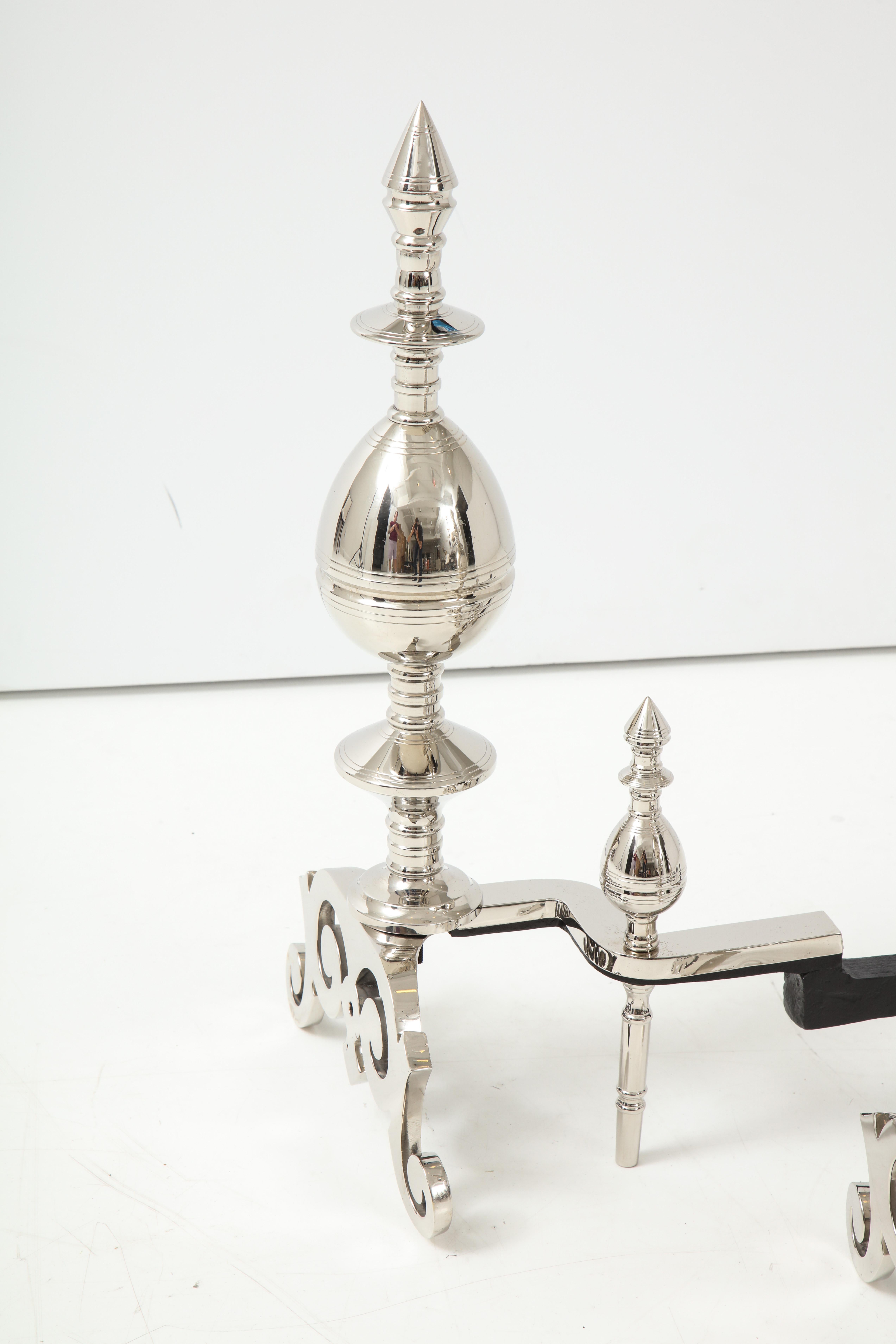 Art Deco Polished Nickel Spire Topped Andirons For Sale 1