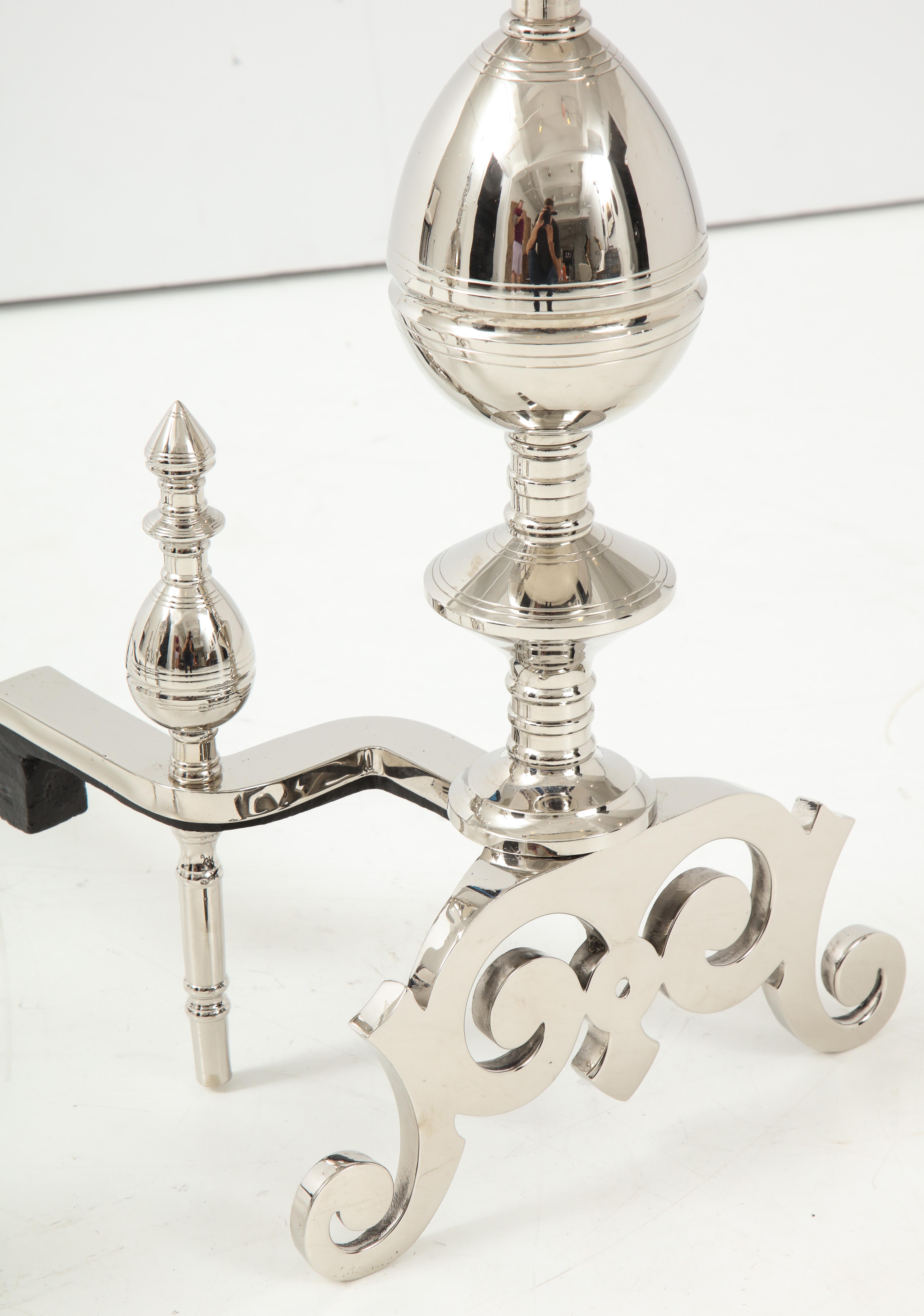 Art Deco Polished Nickel Spire Topped Andirons For Sale 2